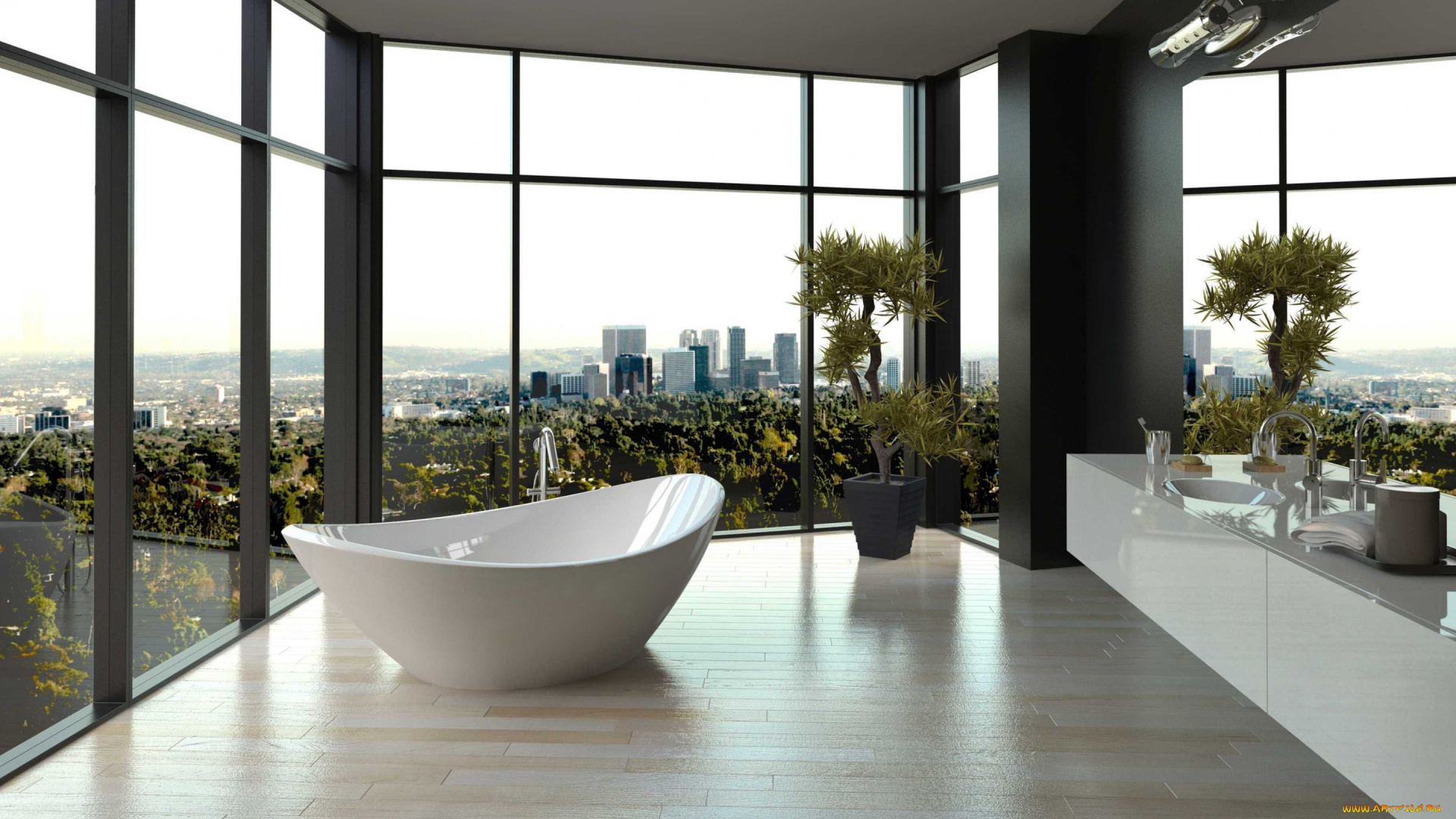 интерьер, ванная, и, туалетная, комнаты, ванна, окна, панорамные