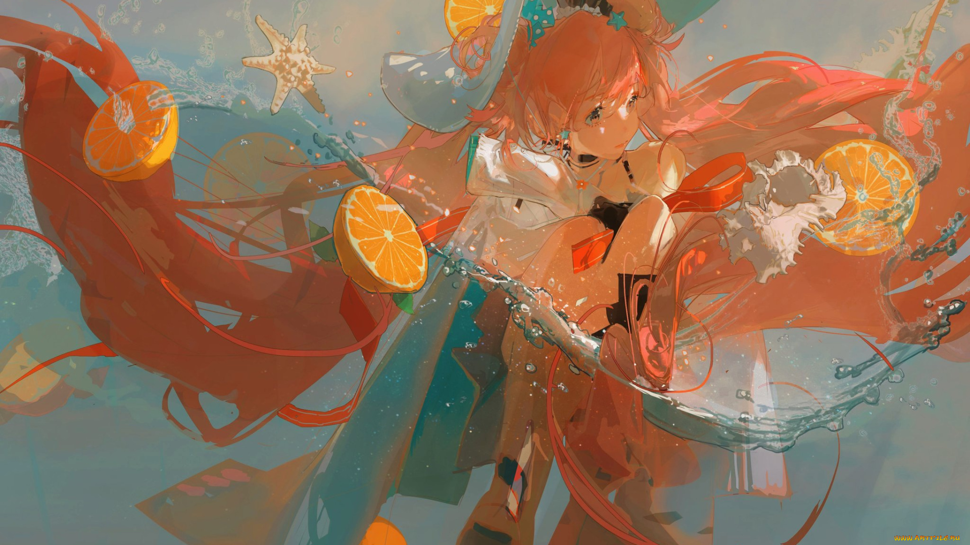 аниме, unknown, , другое, , девочка, вода, цитрусы