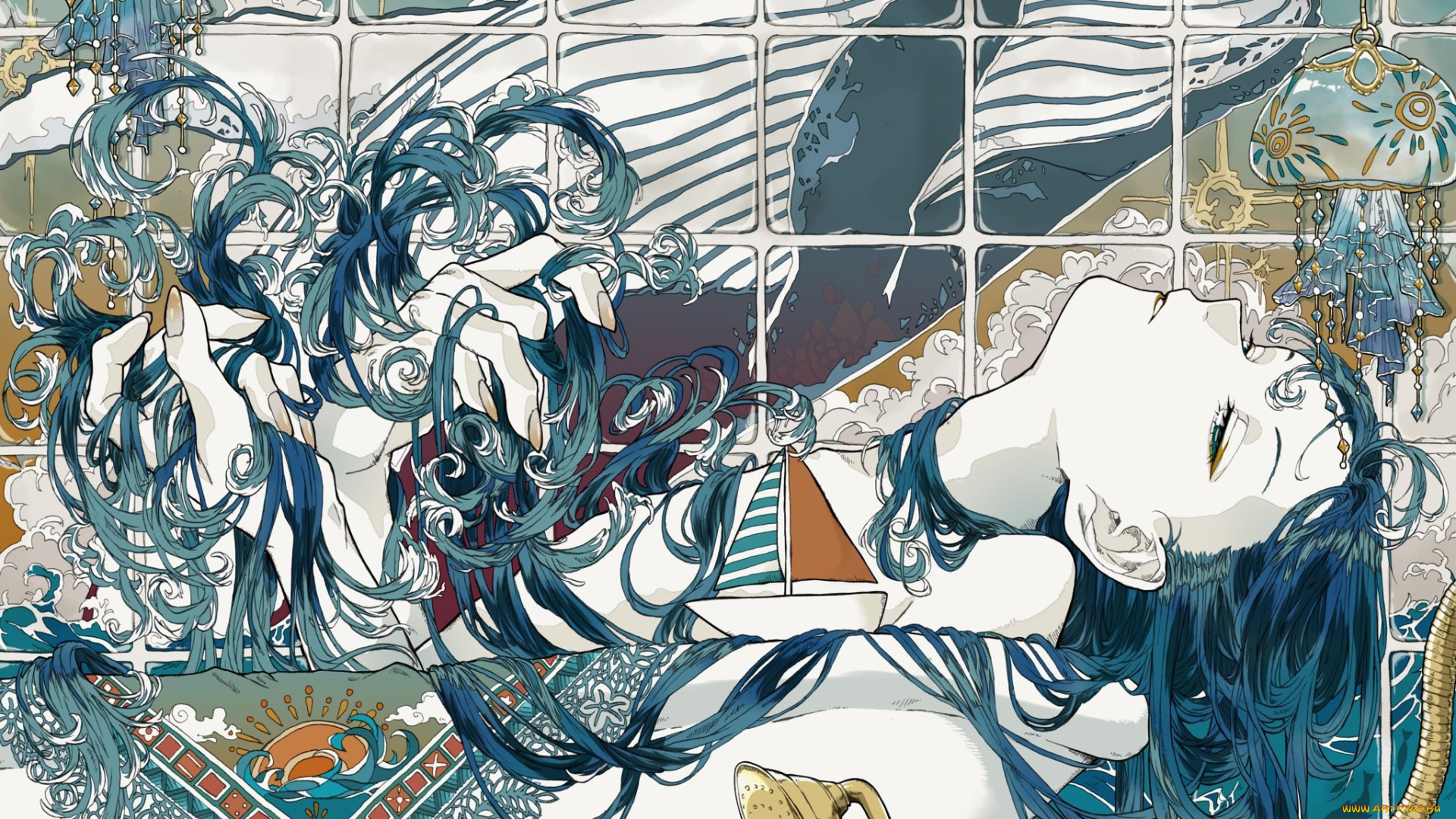 аниме, unknown, , другое, , девушка, ванна, медузы, кораблик