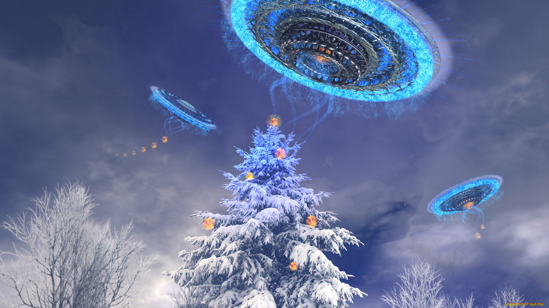 фэнтези, космические, корабли, , звездолеты, , станции, нло, украшения, снег, ёлка, деревья