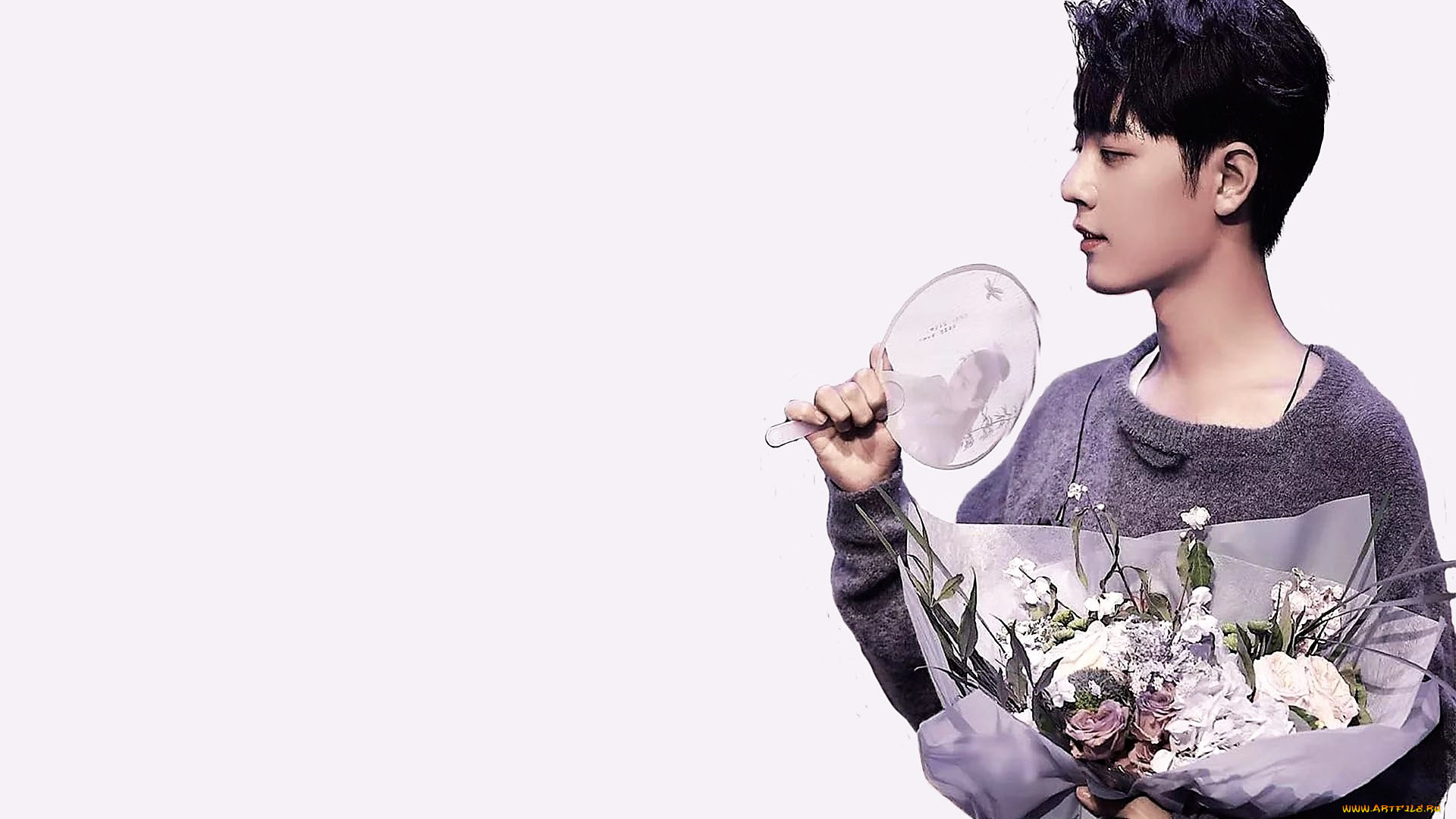 мужчины, xiao, zhan, актер, цветы, веер, свитер