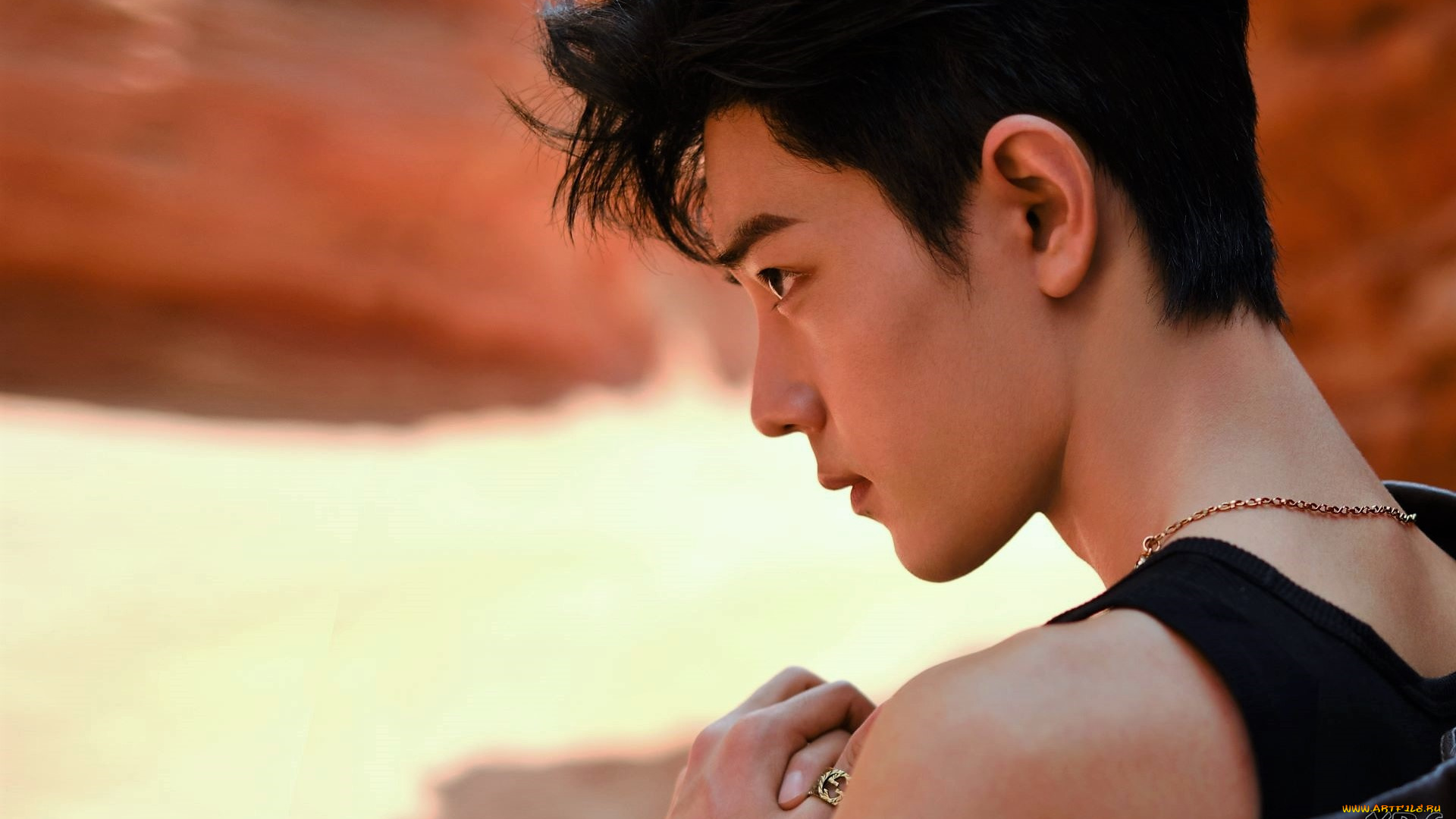 мужчины, xiao, zhan, актер, лицо, майка, кольцо, скалы