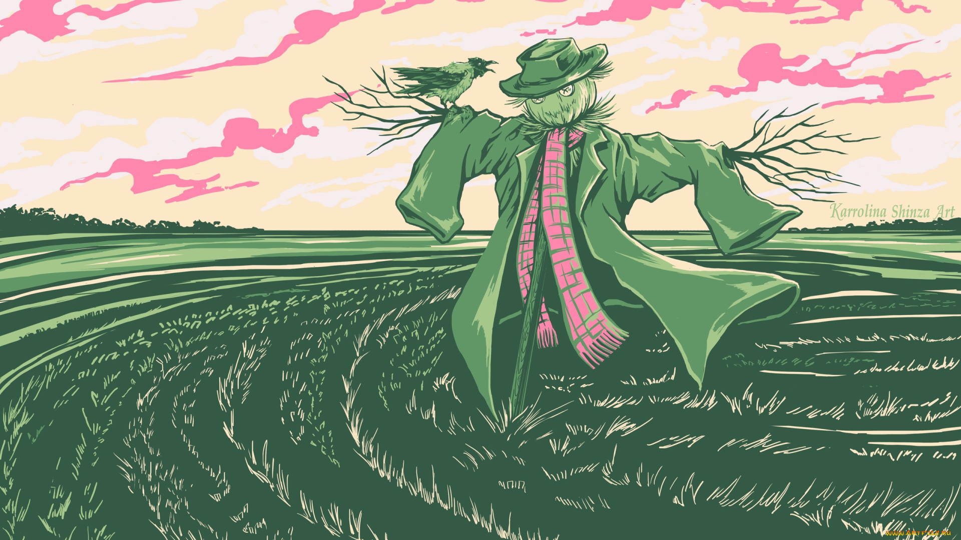 рисованное, -, другое, поле, пугало, ворона