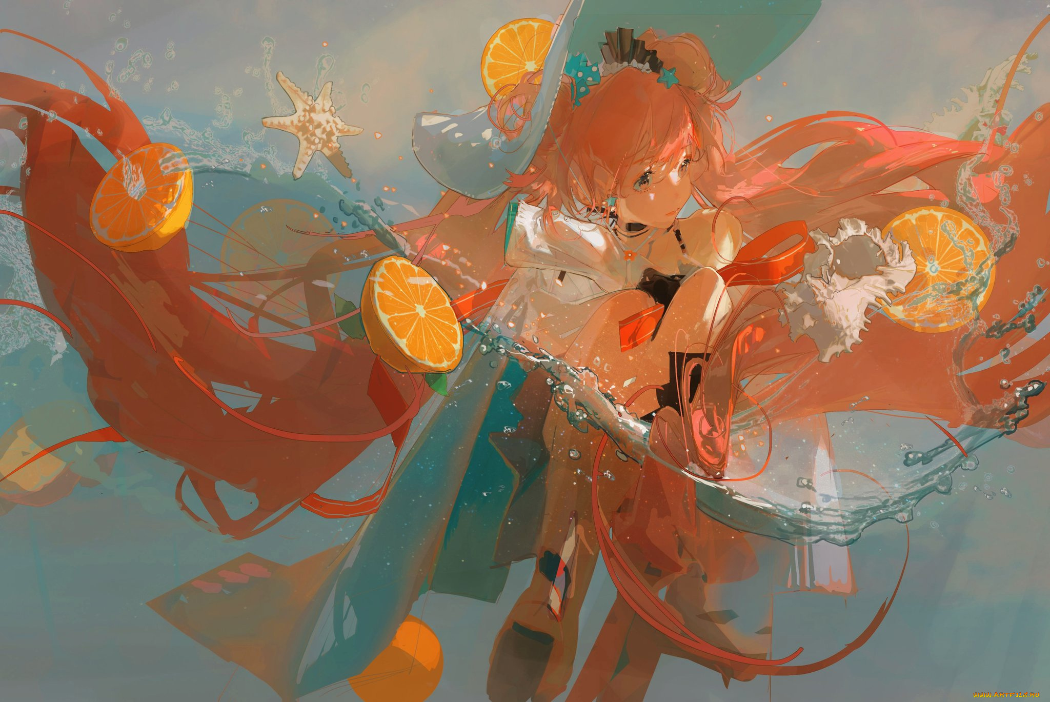 аниме, unknown, , другое, , девочка, вода, цитрусы
