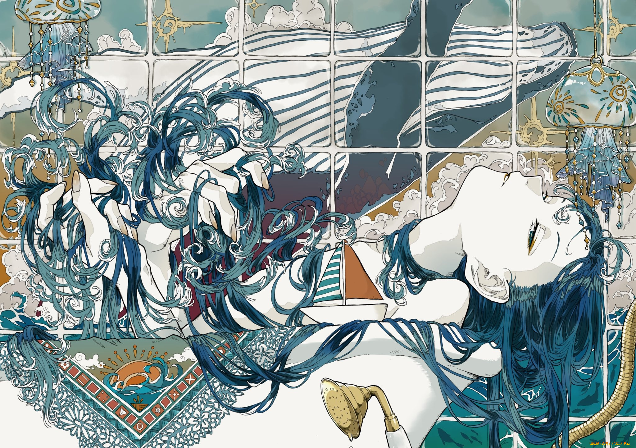 аниме, unknown, , другое, , девушка, ванна, медузы, кораблик