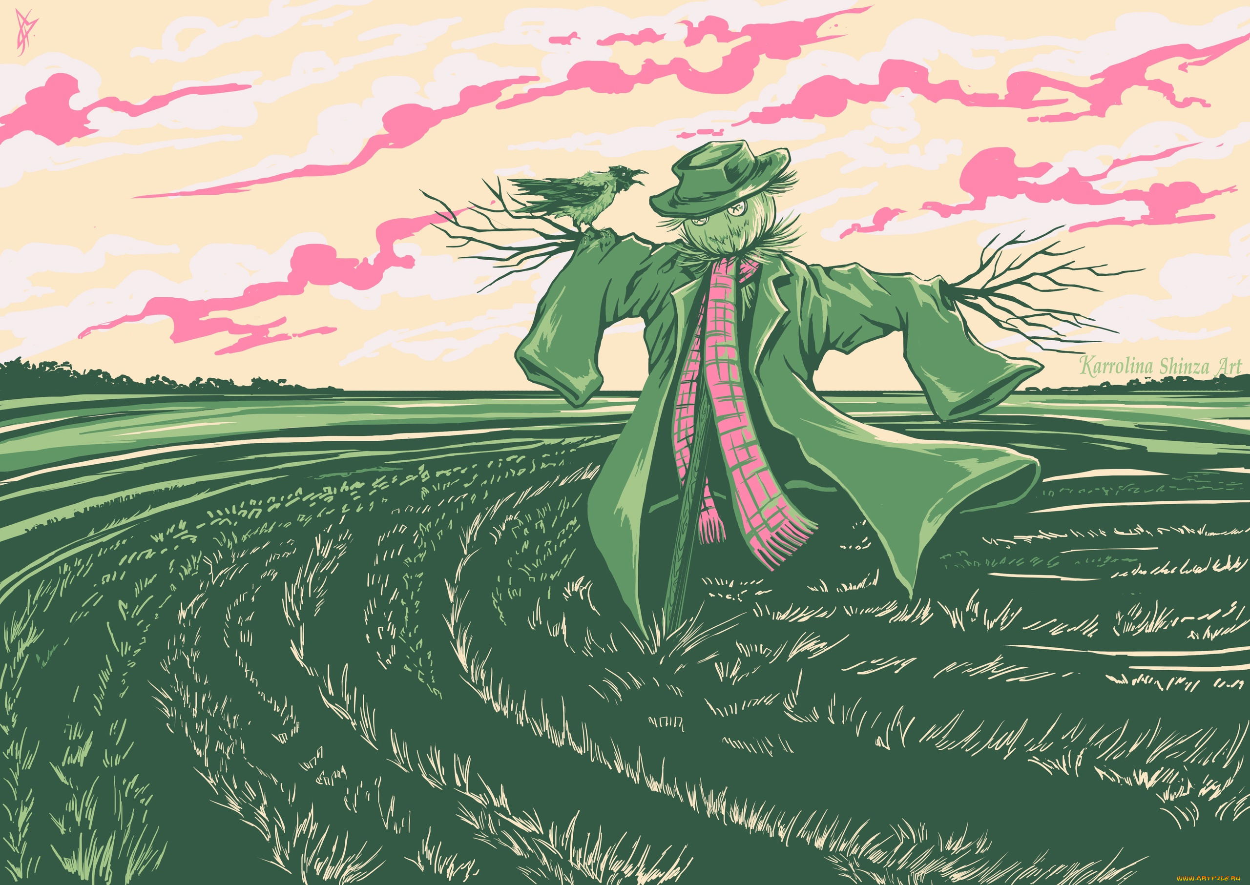 рисованное, -, другое, поле, пугало, ворона