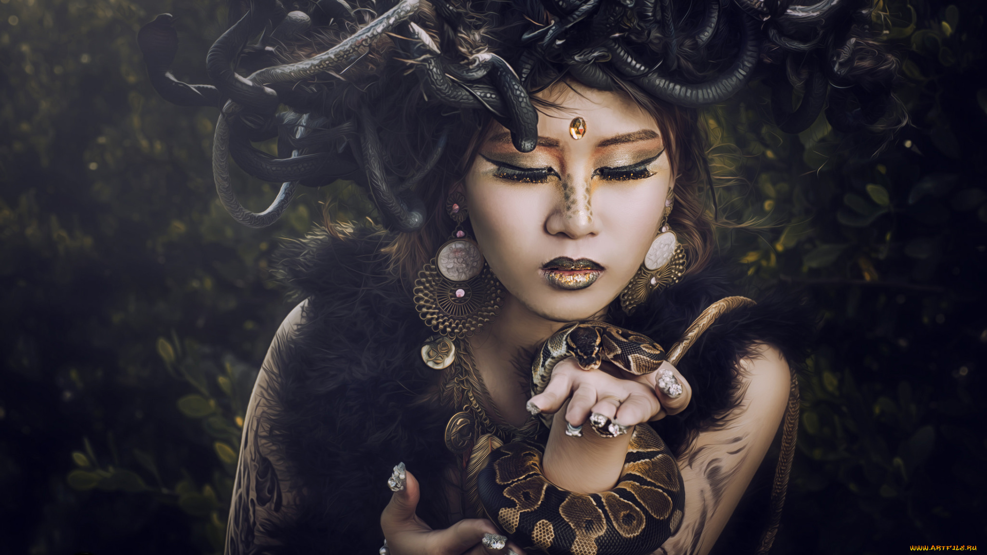 девушки, -, креатив, , косплей, лицо, змеи, горгона, образ