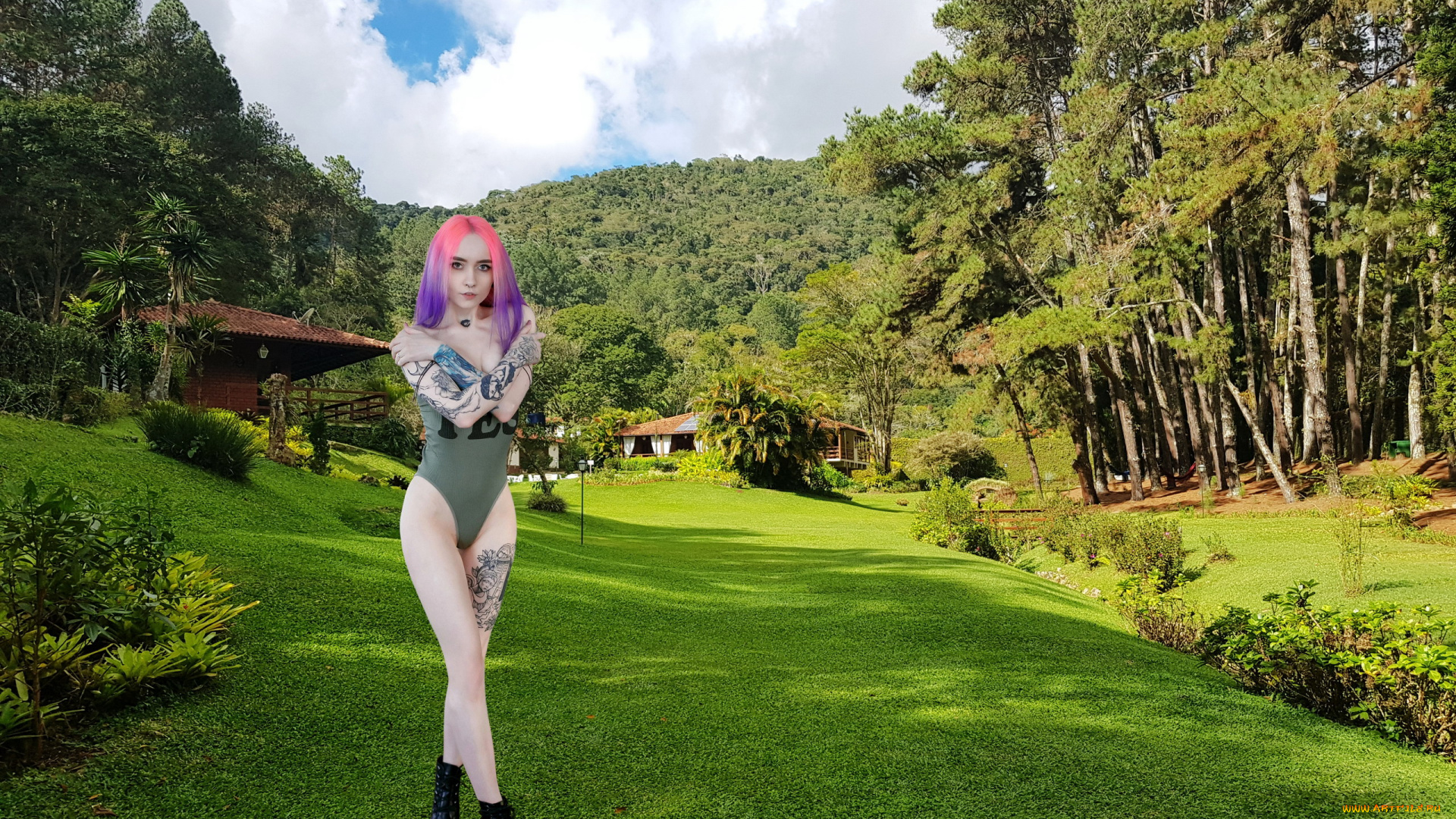 девушки, -, рыжеволосые, и, разноцветные, разноцветные, волосы, купальник, тату