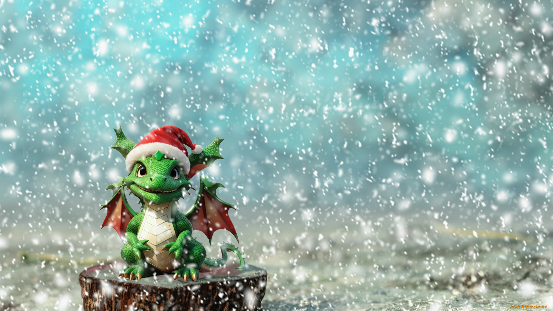 праздничные, 3д, графика, , новый, год, дракон, колпак, снег