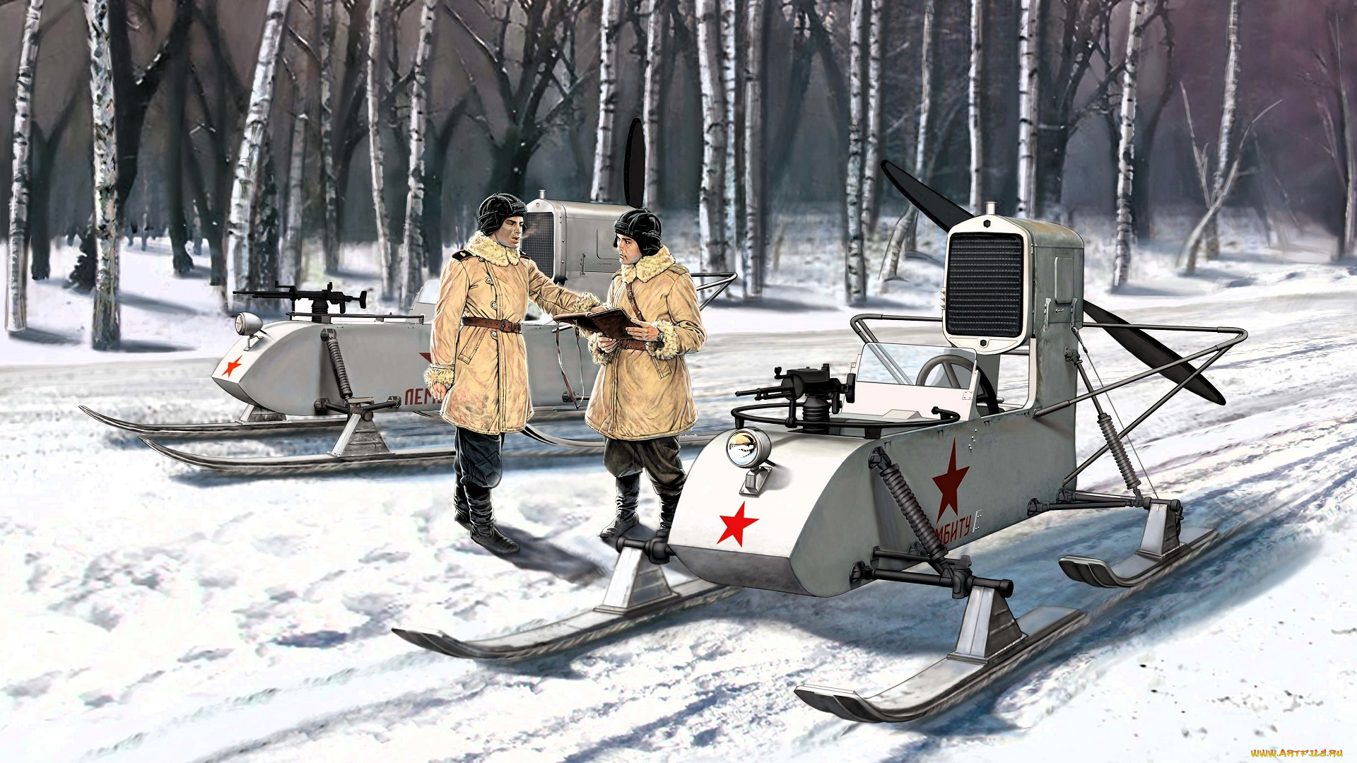 рисованное, армия, военные, транспорт, снег, снегоходы, лес