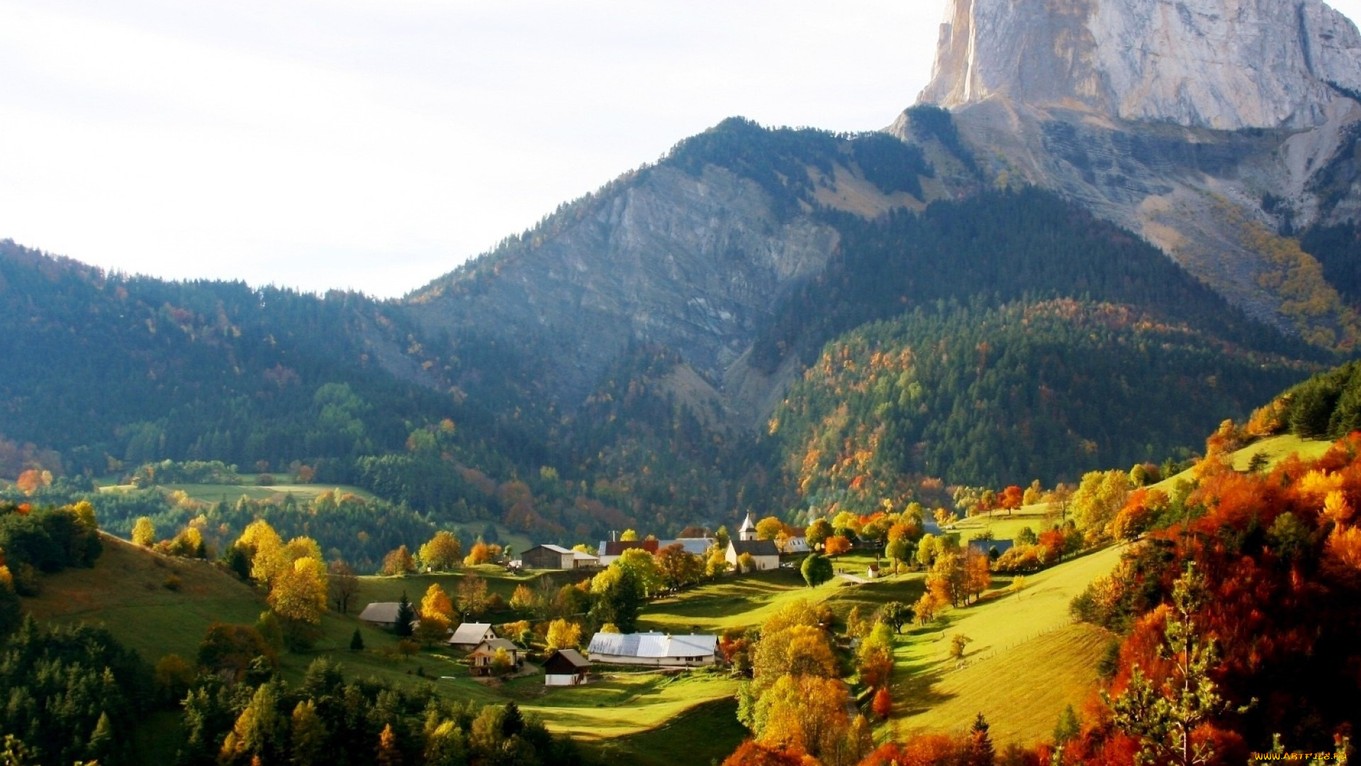 города, -, пейзажи, горы, долина, селение, осень