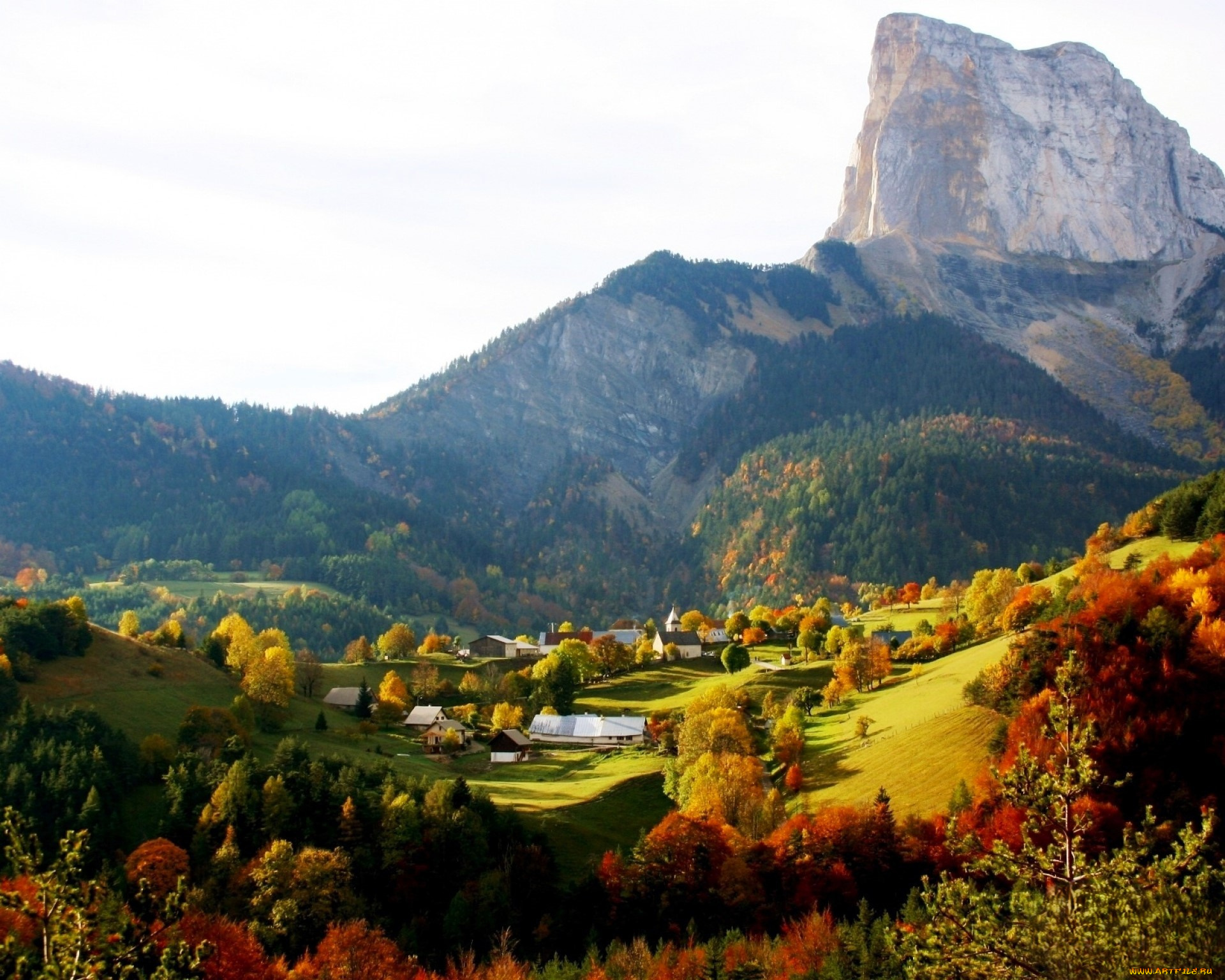 города, -, пейзажи, горы, долина, селение, осень