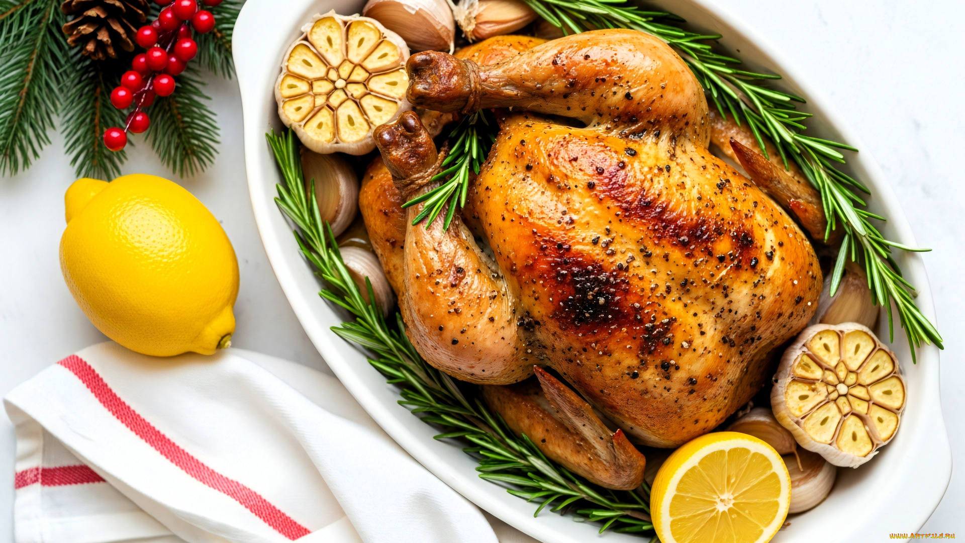 3д, графика, еда-, food, блюдо, еда, лимон, курица, ветки, ягоды, шишка