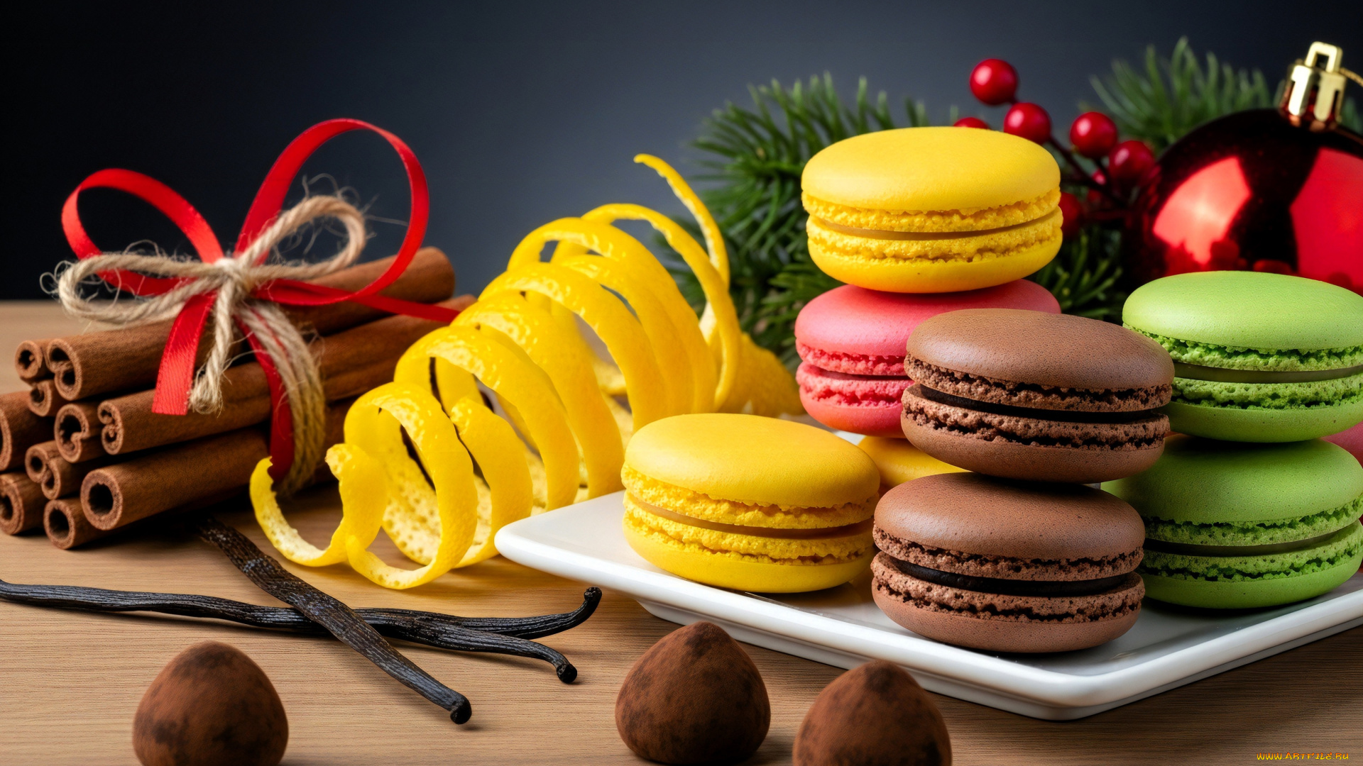 3д, графика, еда-, food, еда, корица, бантик, цедра, макаруны, трюфели, ветка, ягоды, шар