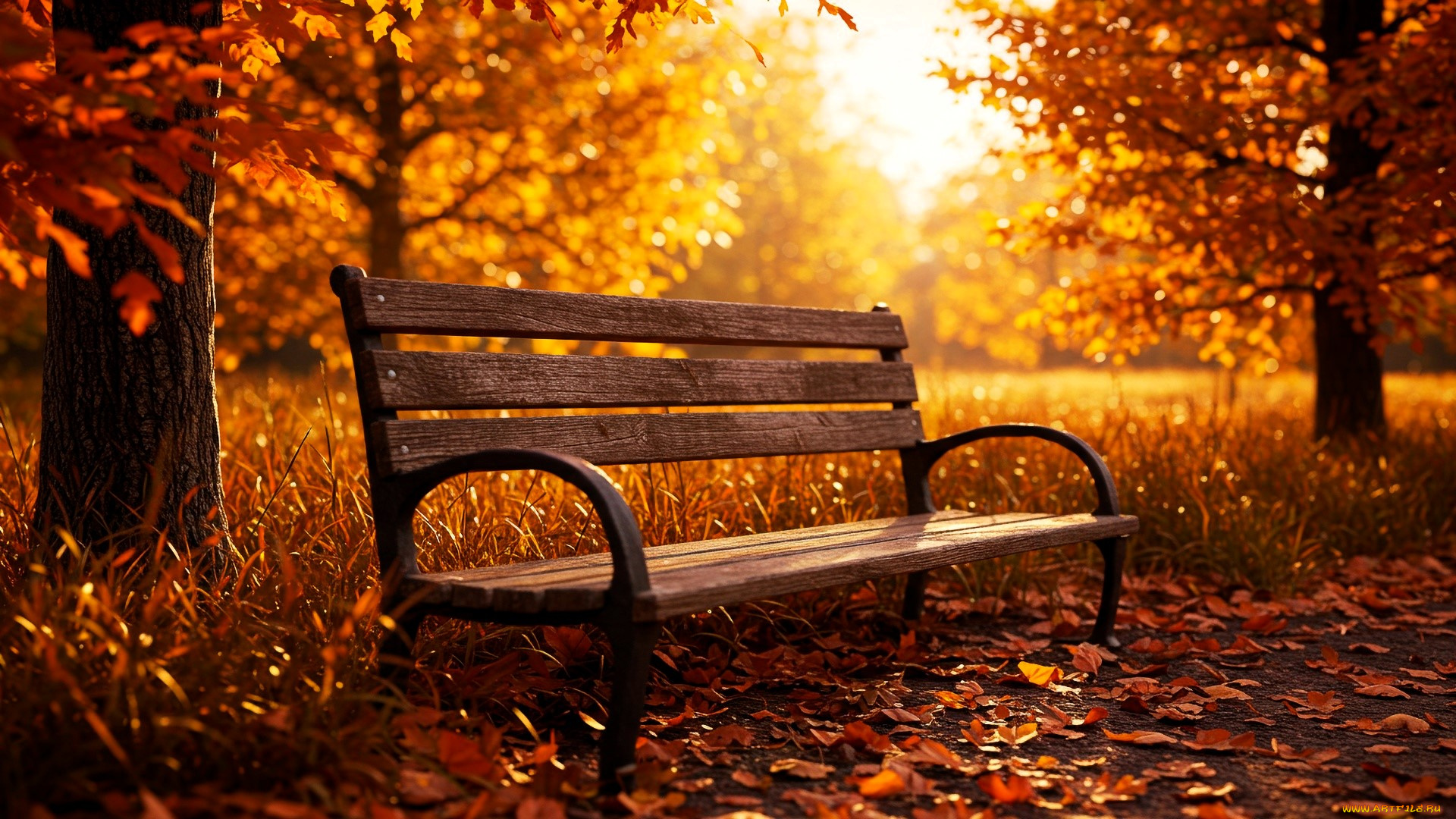 3д, графика, природа, , nature, скамейка, парк, осень, деревья, листья