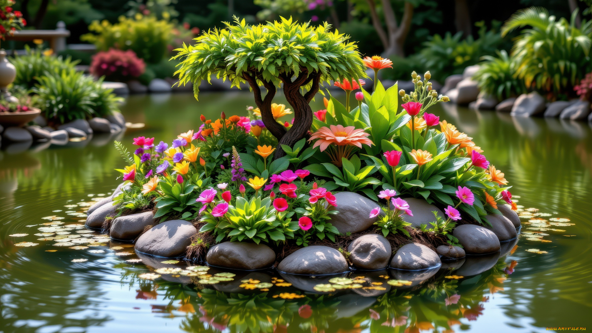 автор, wp, stl, 3д, графика, природа, , nature, парк, водоем, цветы