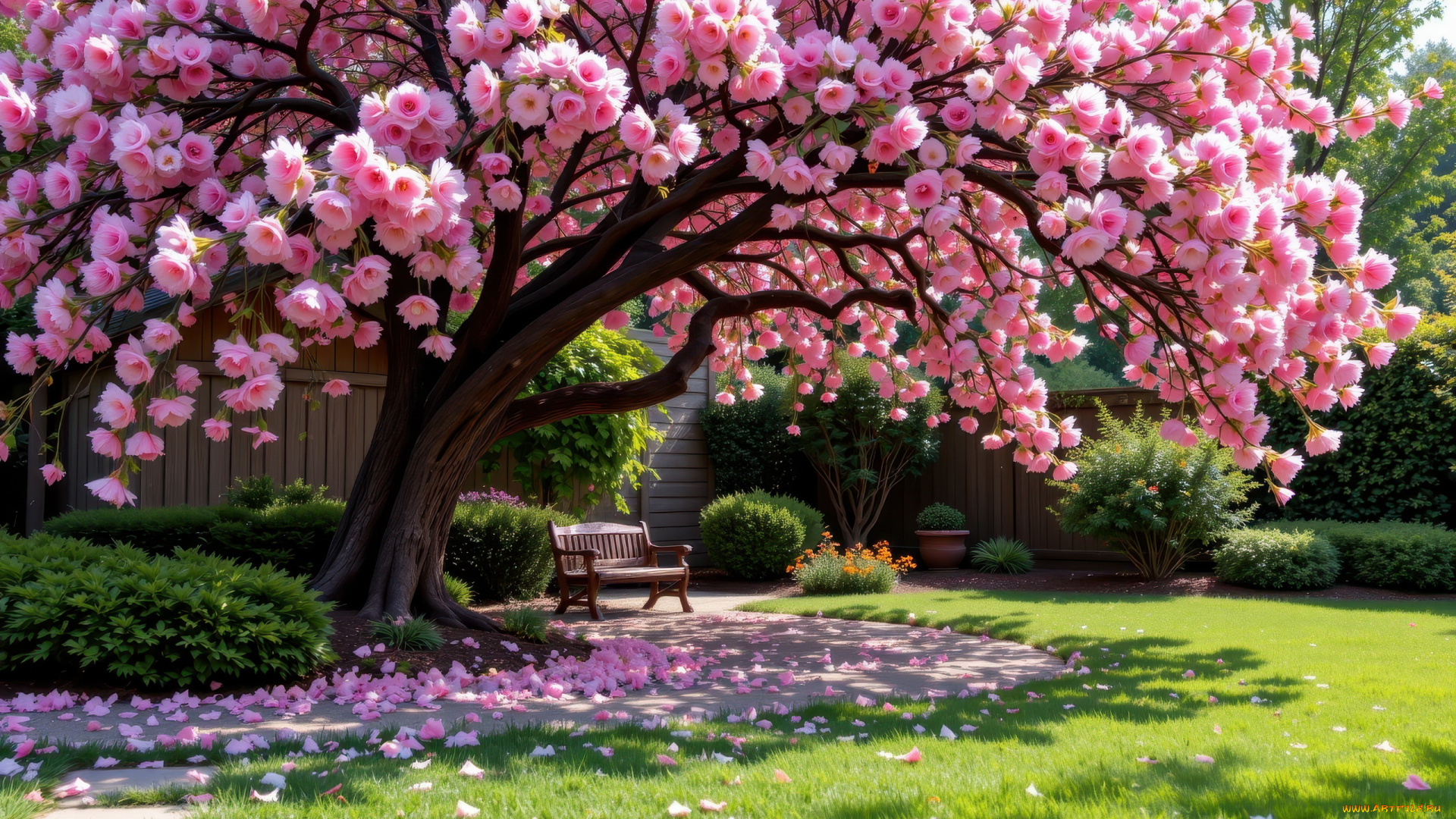 автор, wp, stl, разное, компьютерный, дизайн, парк, лужайка, скамейка, цветущее, дерево, лепестки