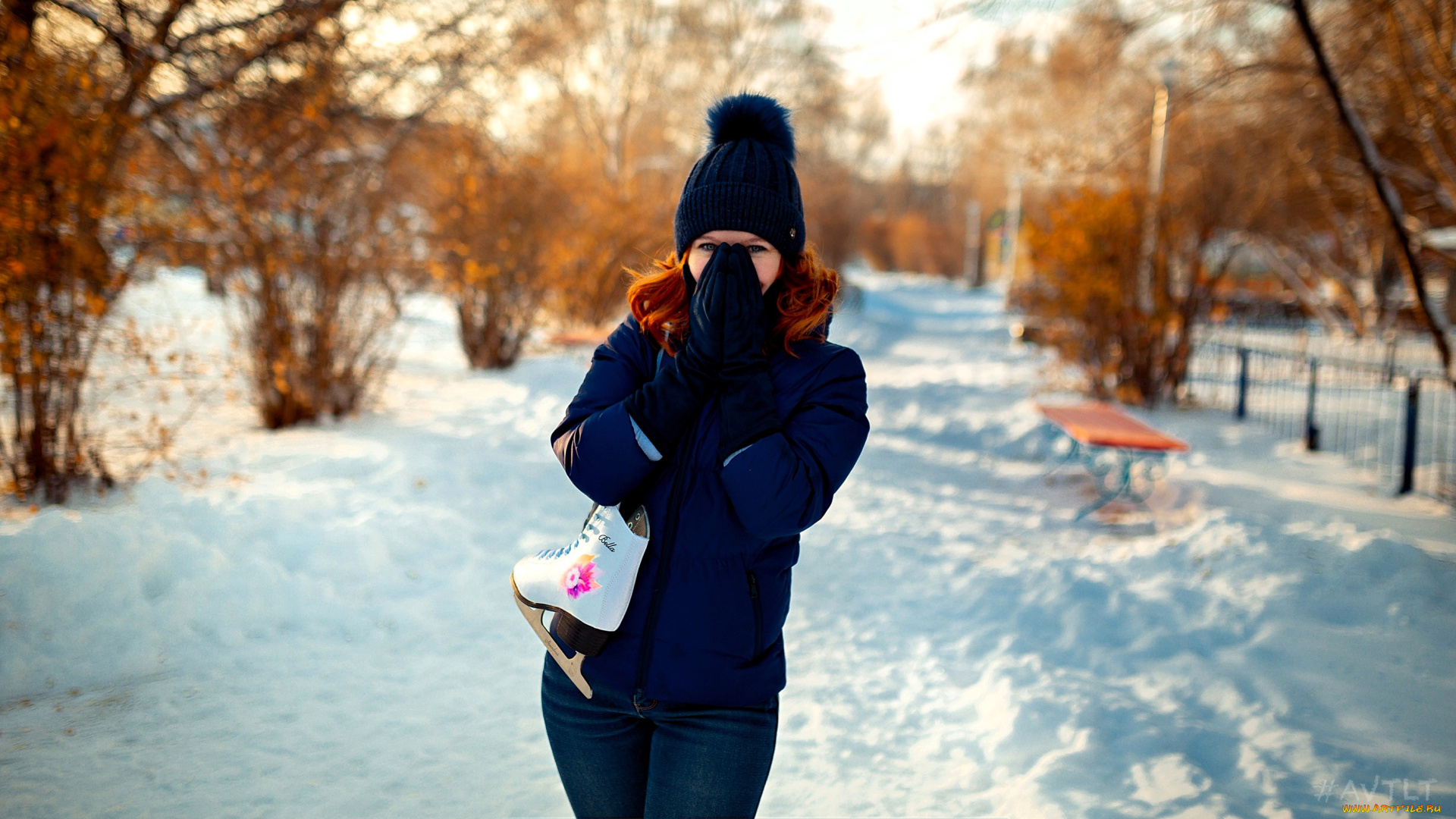 девушки, -, рыжеволосые, и, разноцветные, рыжая, шапка, перчатки, куртка, коньки, джинсы, снег, деревья