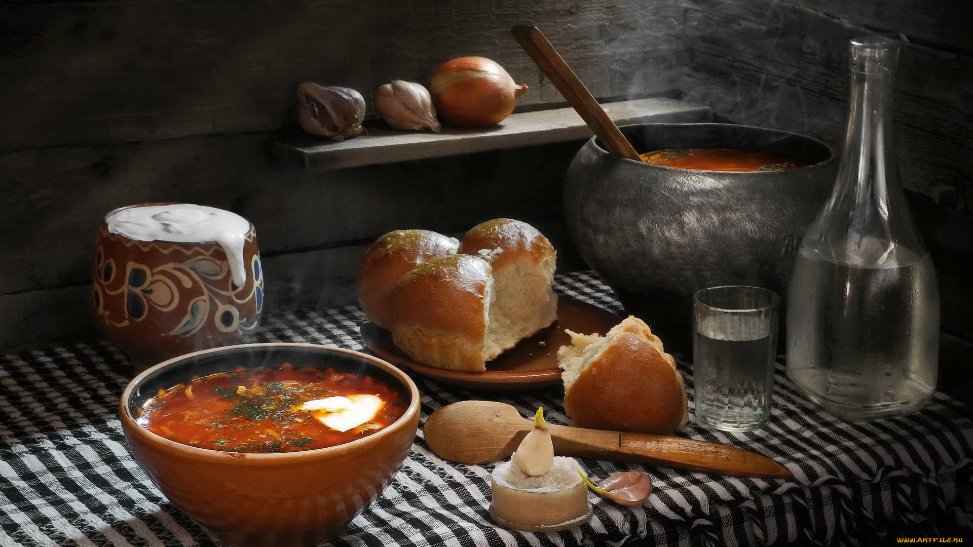 еда, первые, блюда, пампушки, борщ, чеснок, сметана