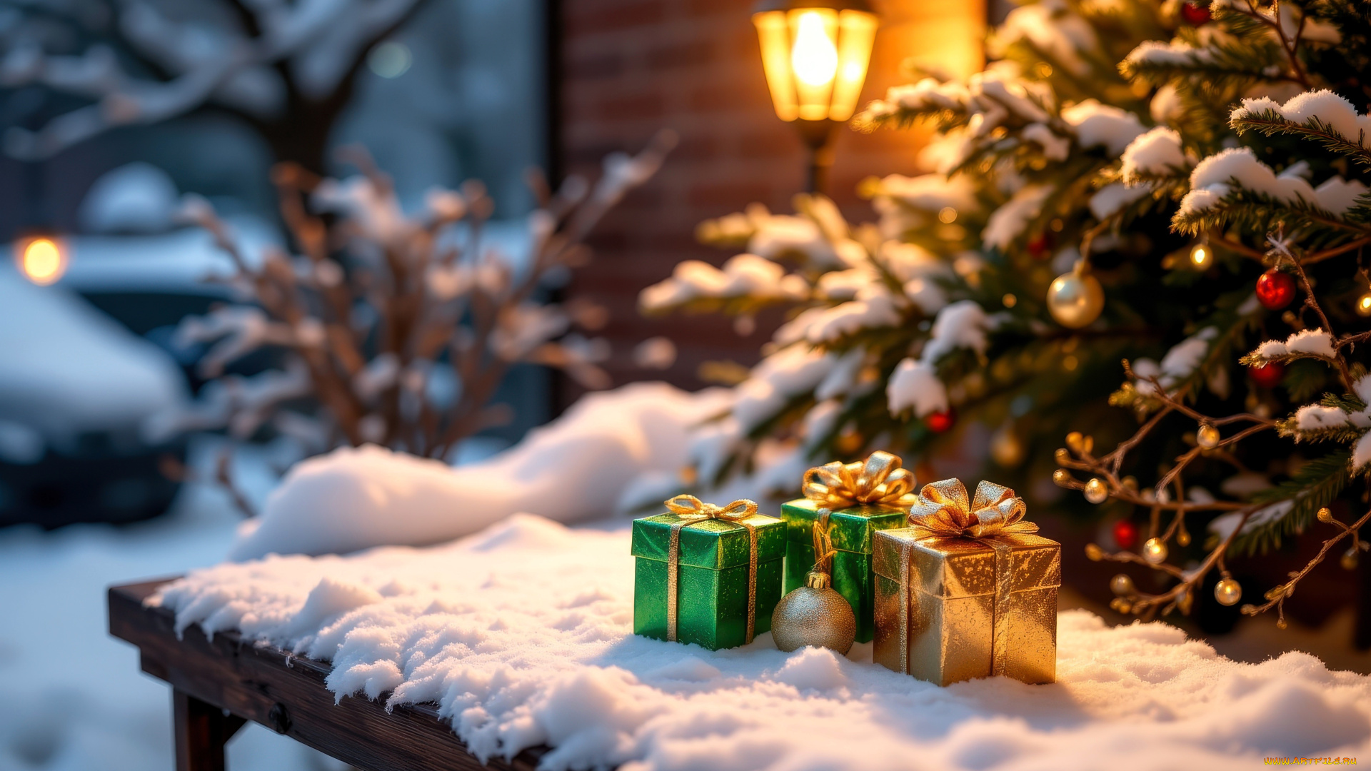 праздничные, подарки, и, коробочки, дом, фонарь, ёлка, снег, зима, стол, подарки