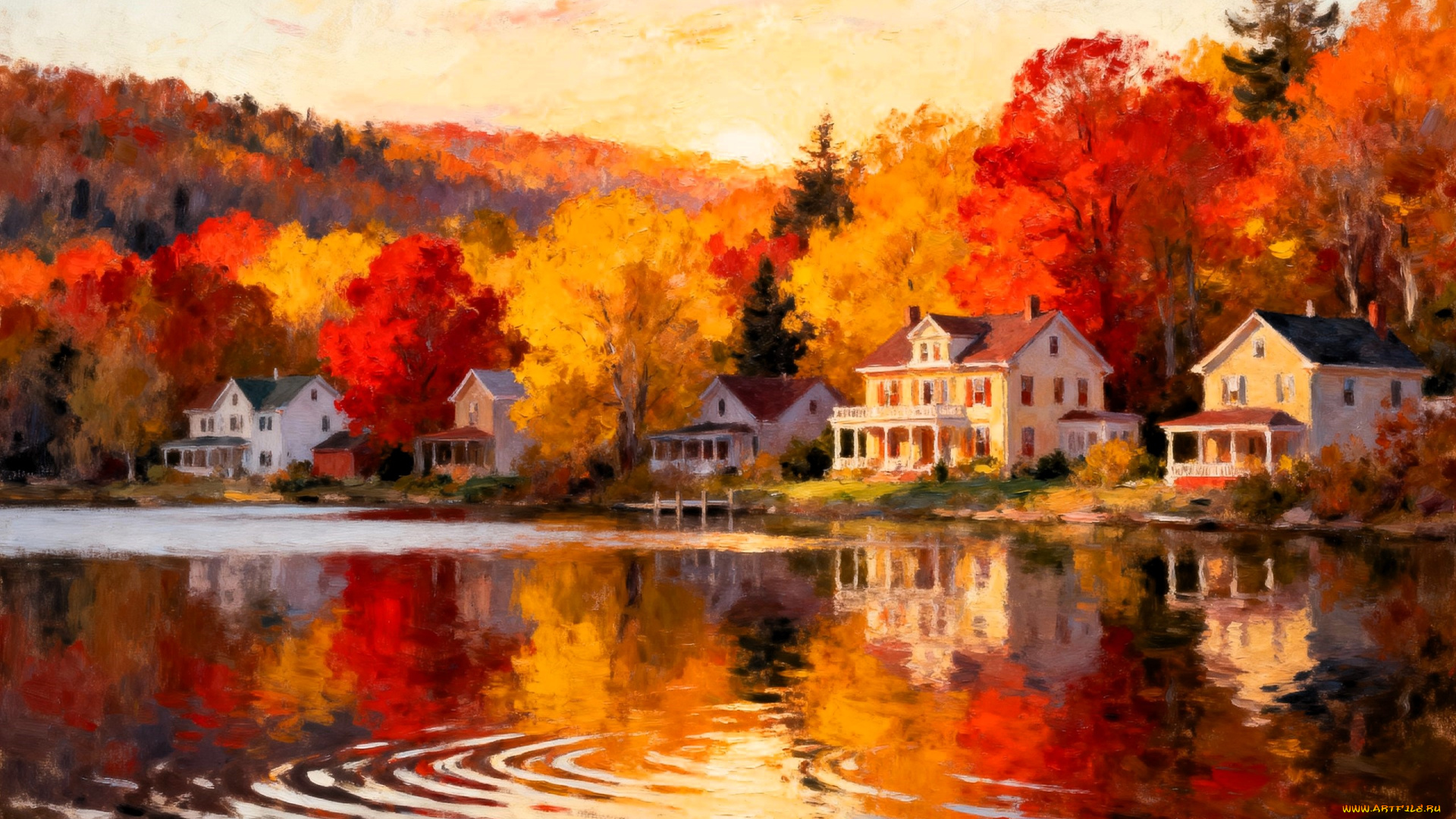 рисованное, города, горы, лес, деревья, осень, дома, поселок, озеро