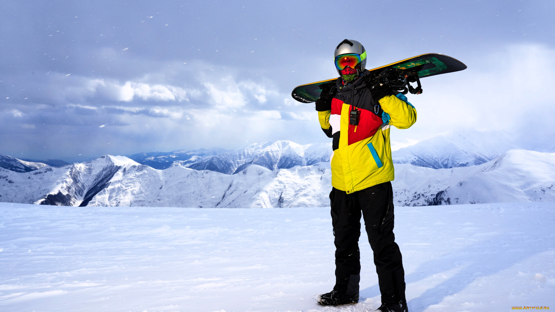 спорт, сноуборд, мужчина, шлем, куртка, снег, зима, горы