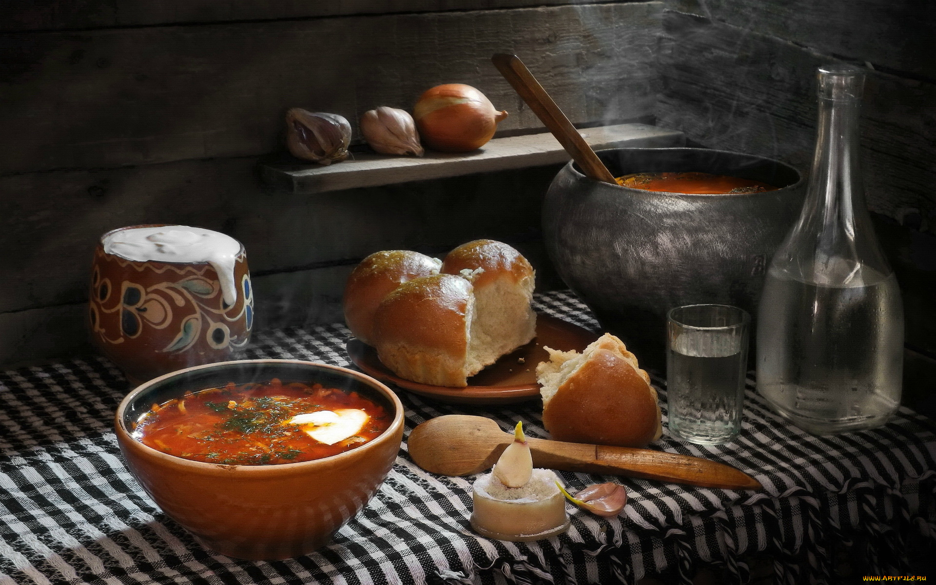 еда, первые, блюда, пампушки, борщ, чеснок, сметана