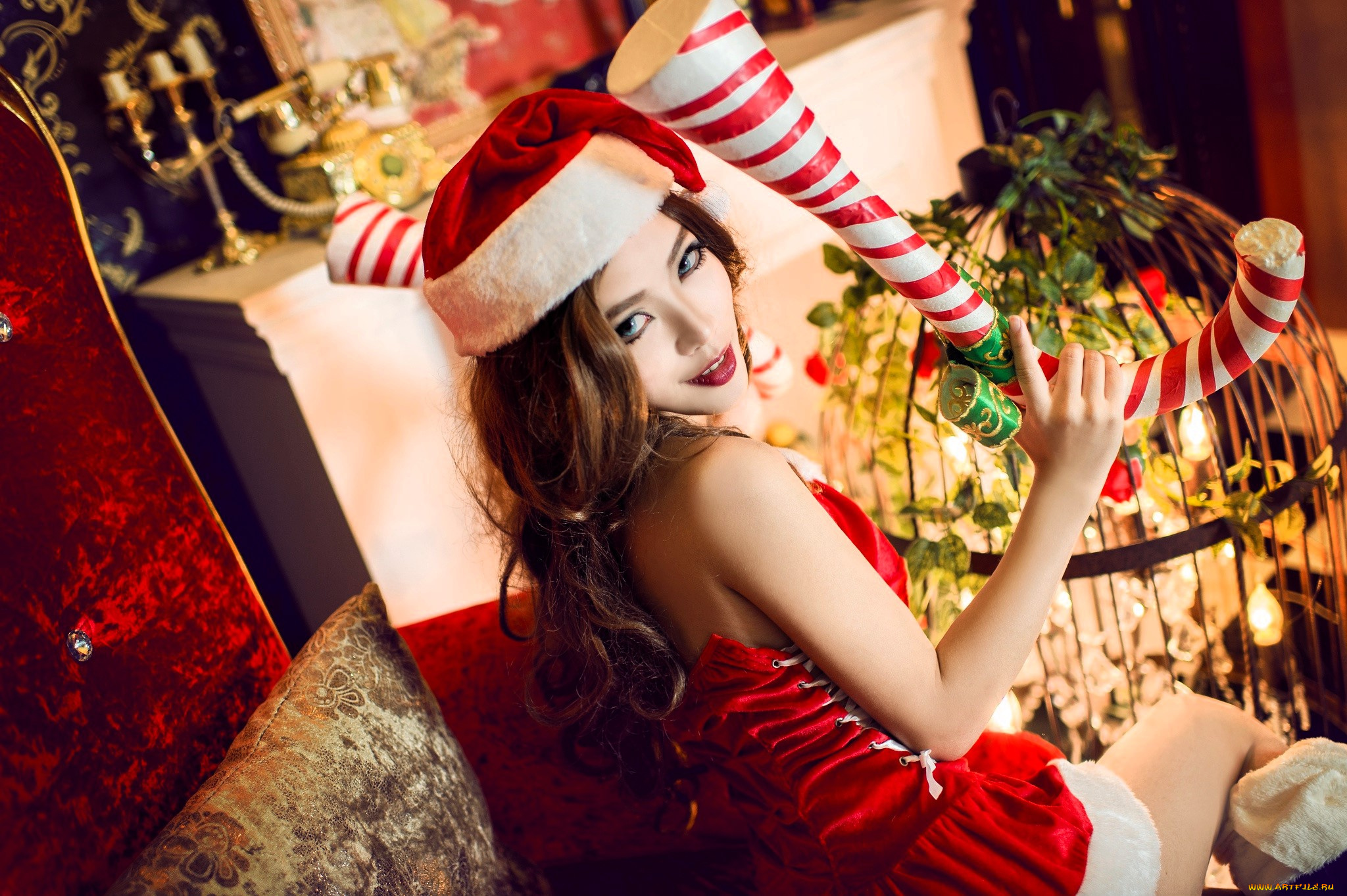 девушки, -, снегурочки, снегурочка, шатенка, азиатка, костюм, шапка, платье, клетка