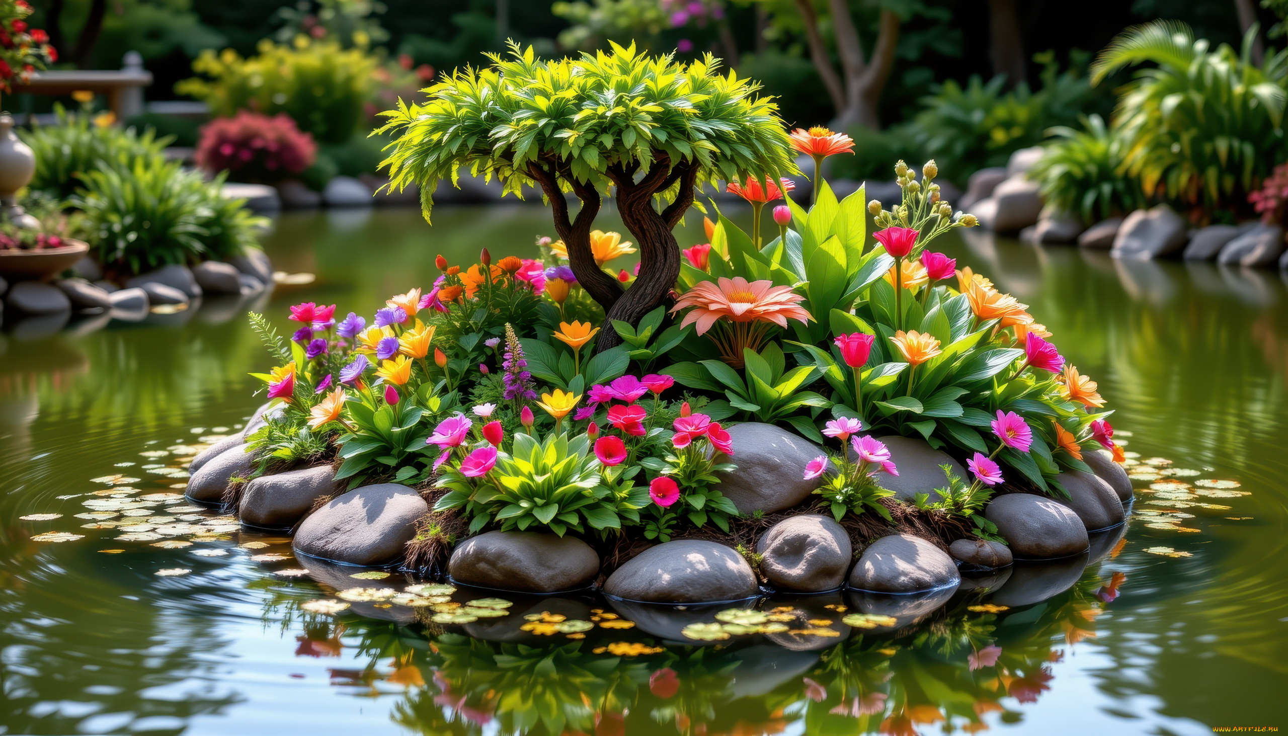 автор, wp, stl, 3д, графика, природа, , nature, парк, водоем, цветы