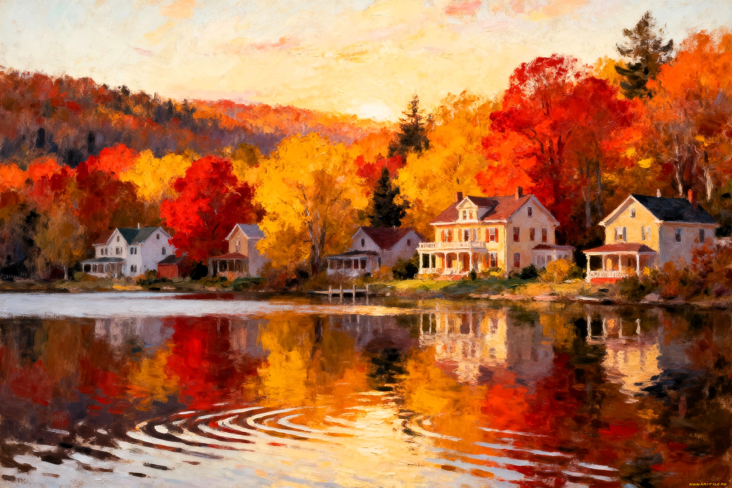 рисованное, города, горы, лес, деревья, осень, дома, поселок, озеро