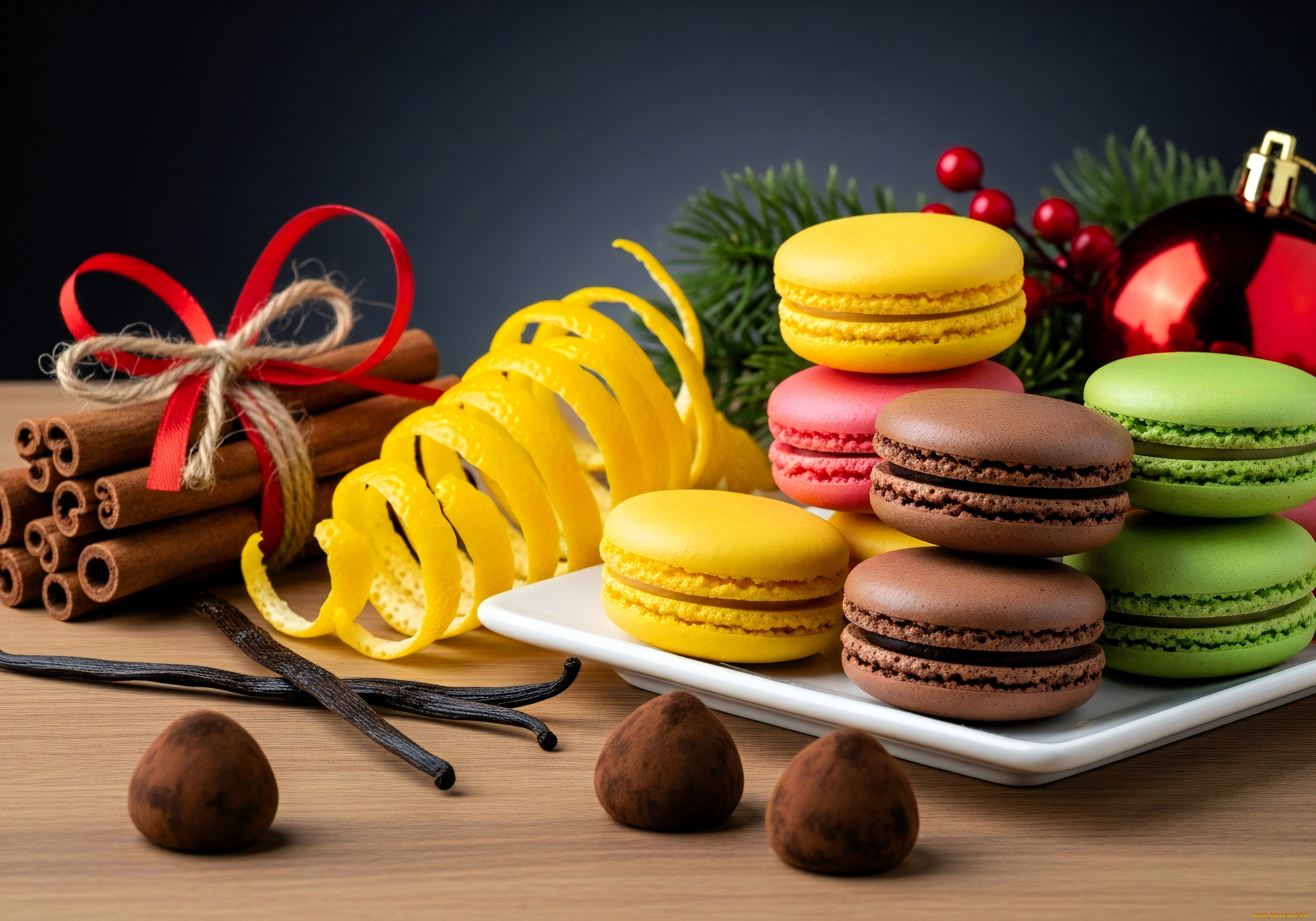 3д, графика, еда-, food, еда, корица, бантик, цедра, макаруны, трюфели, ветка, ягоды, шар