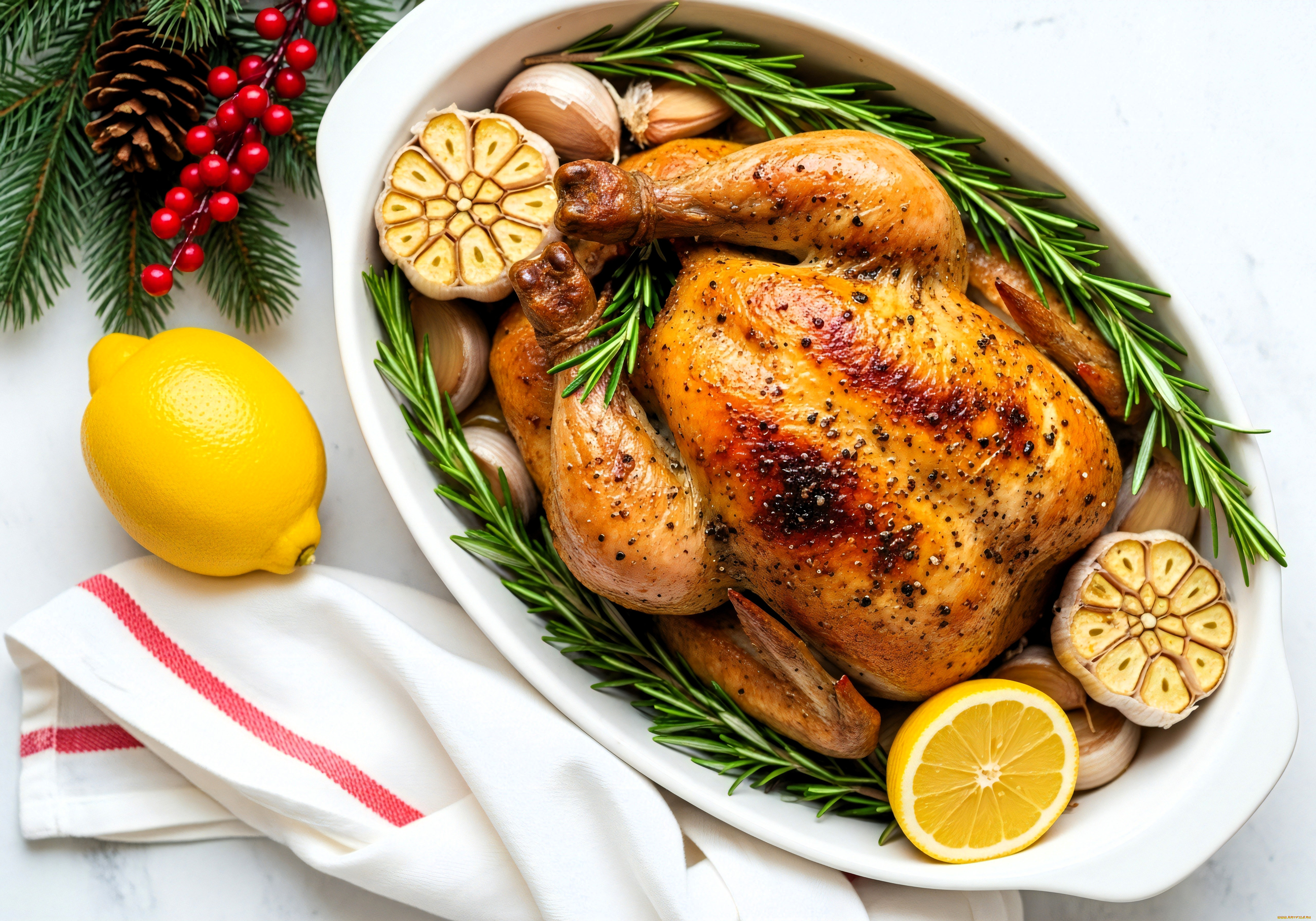 3д, графика, еда-, food, блюдо, еда, лимон, курица, ветки, ягоды, шишка