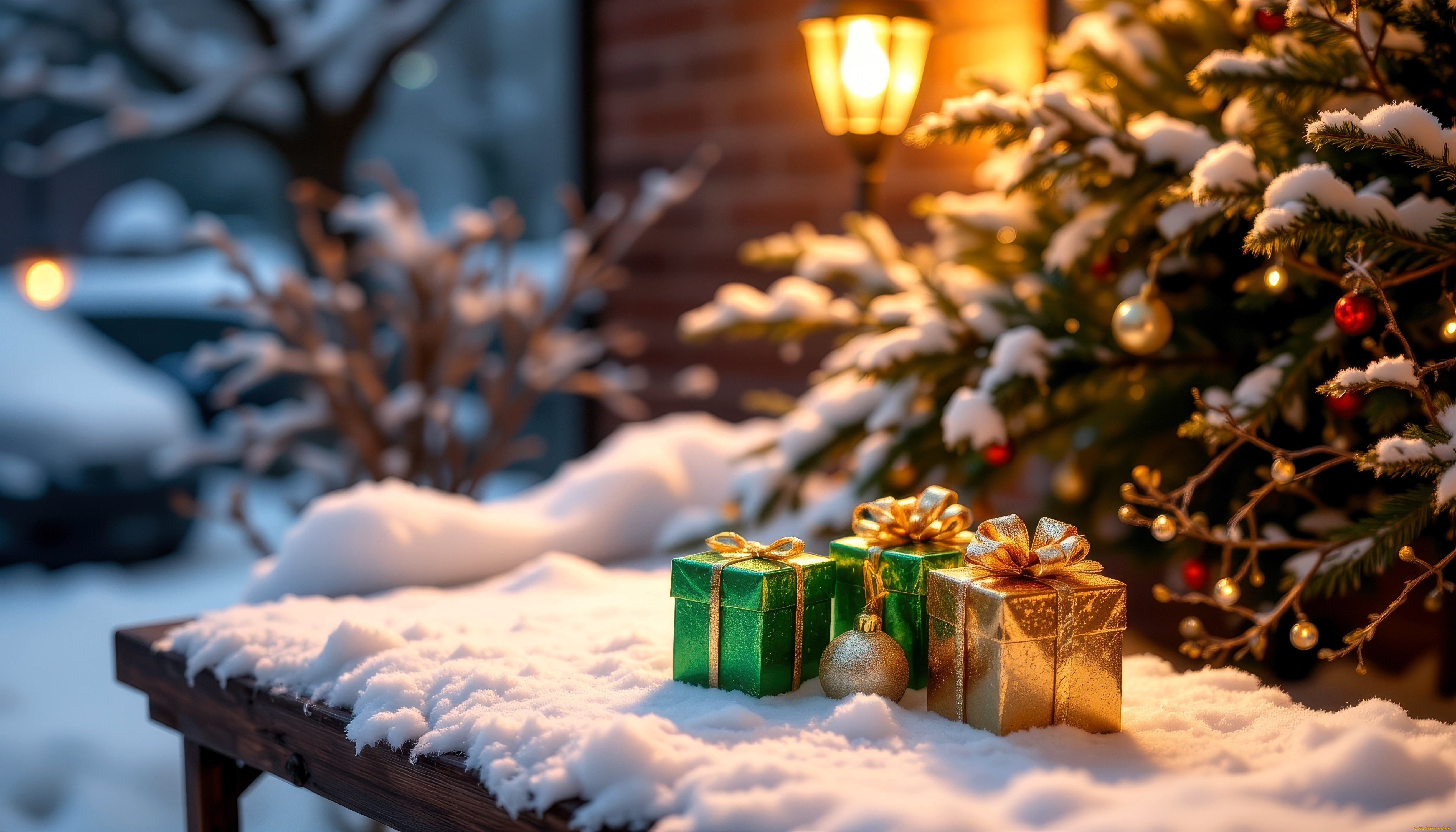 праздничные, подарки, и, коробочки, дом, фонарь, ёлка, снег, зима, стол, подарки