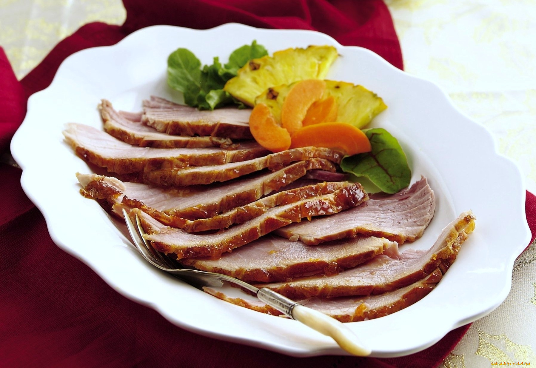 еда, мясные, блюда, ветчина, вилка, абрикос, ананас