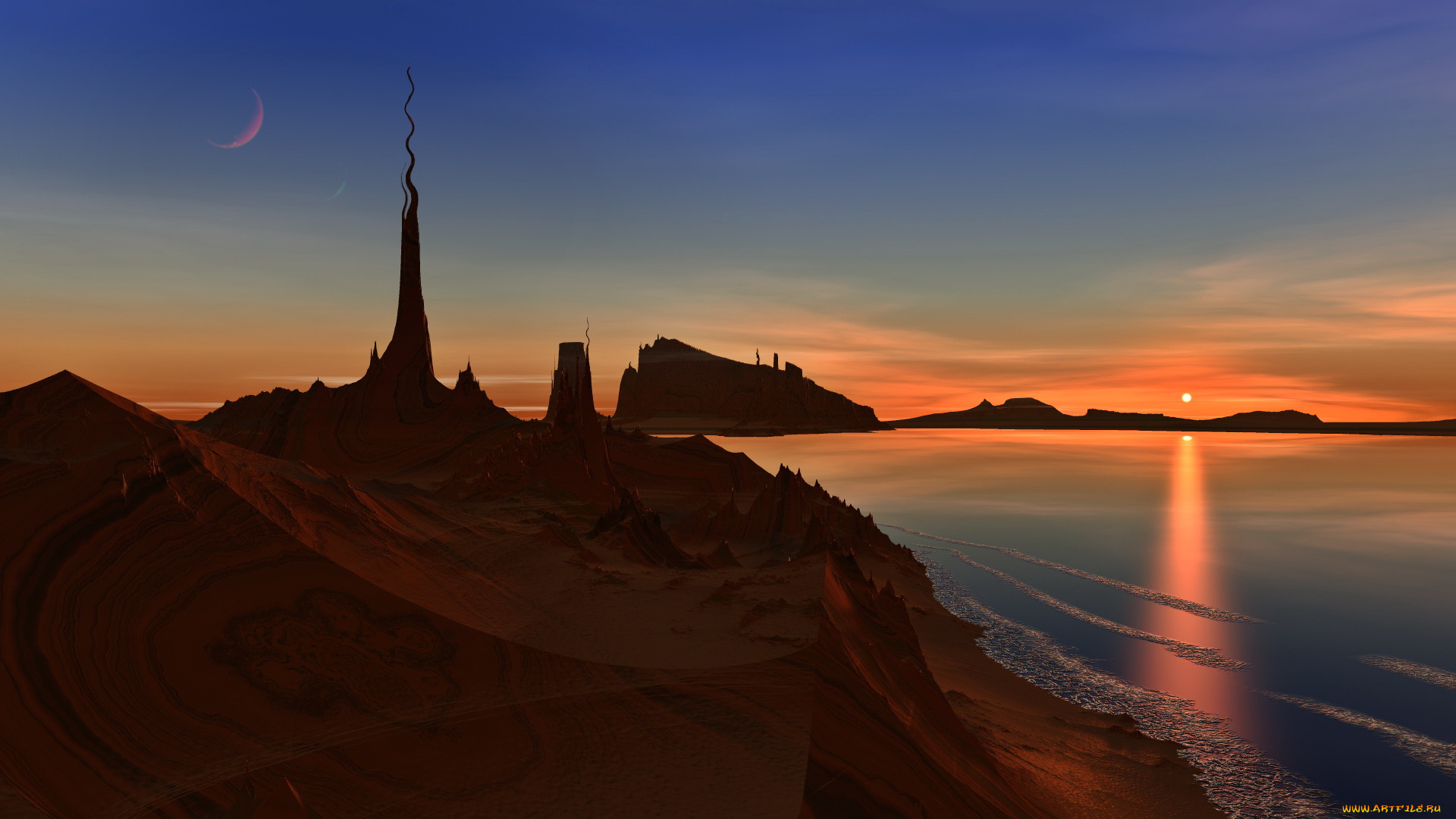 3д, графика, nature, landscape, природа, море, закат