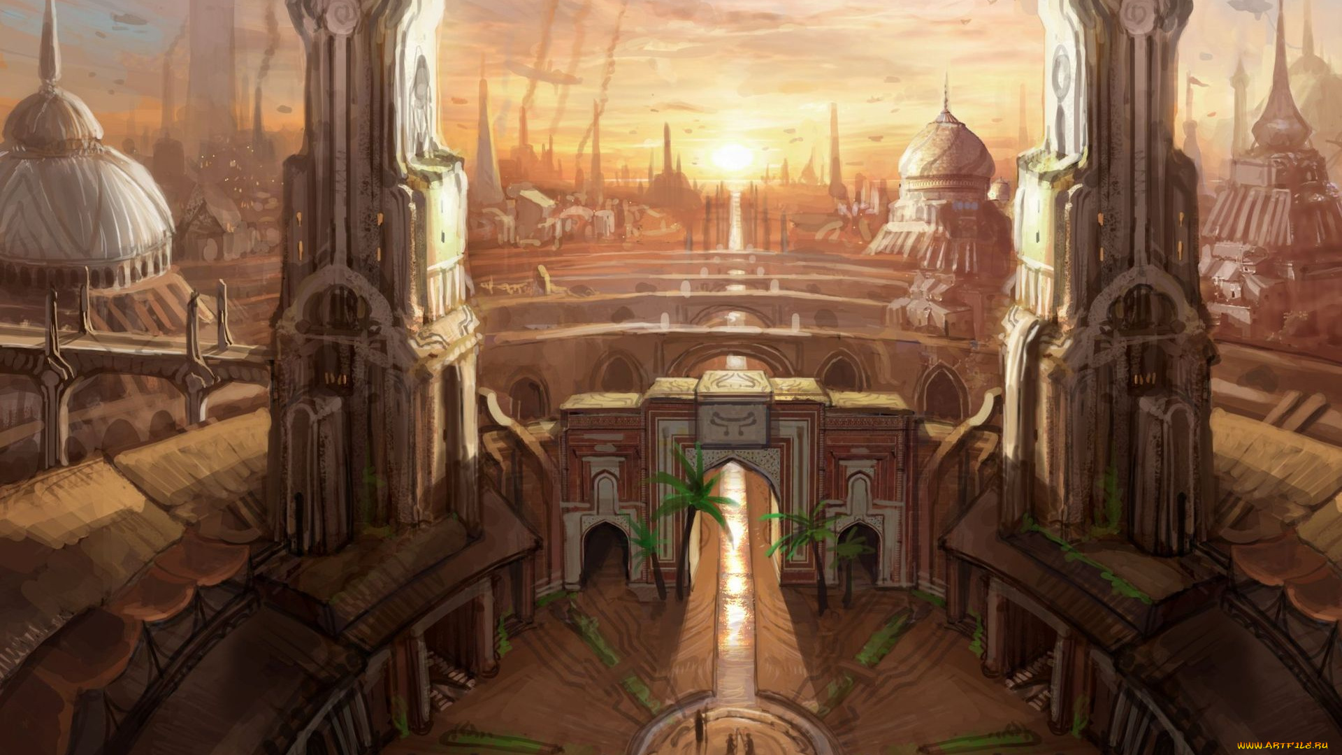 фэнтези, замки, город, закат