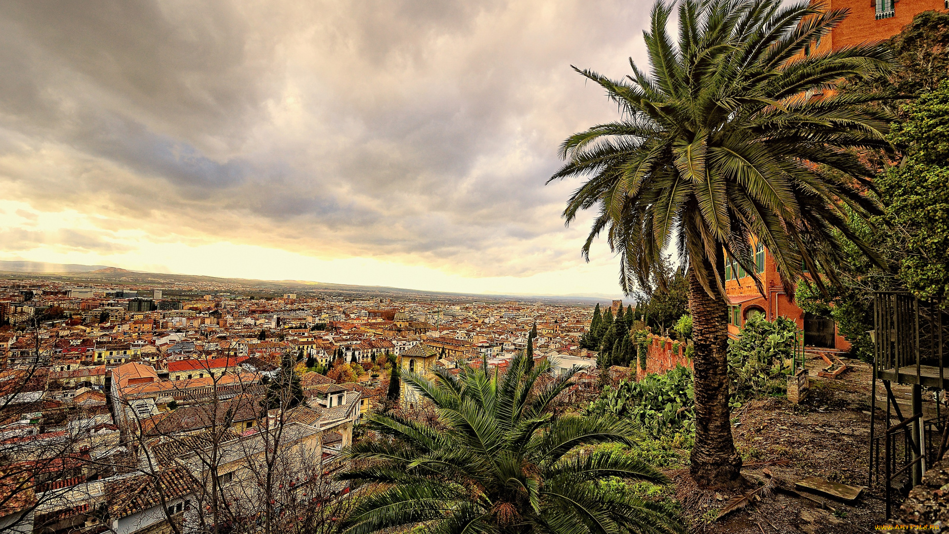 гранада, испания, города, панорамы, тучи, дома, пальмы