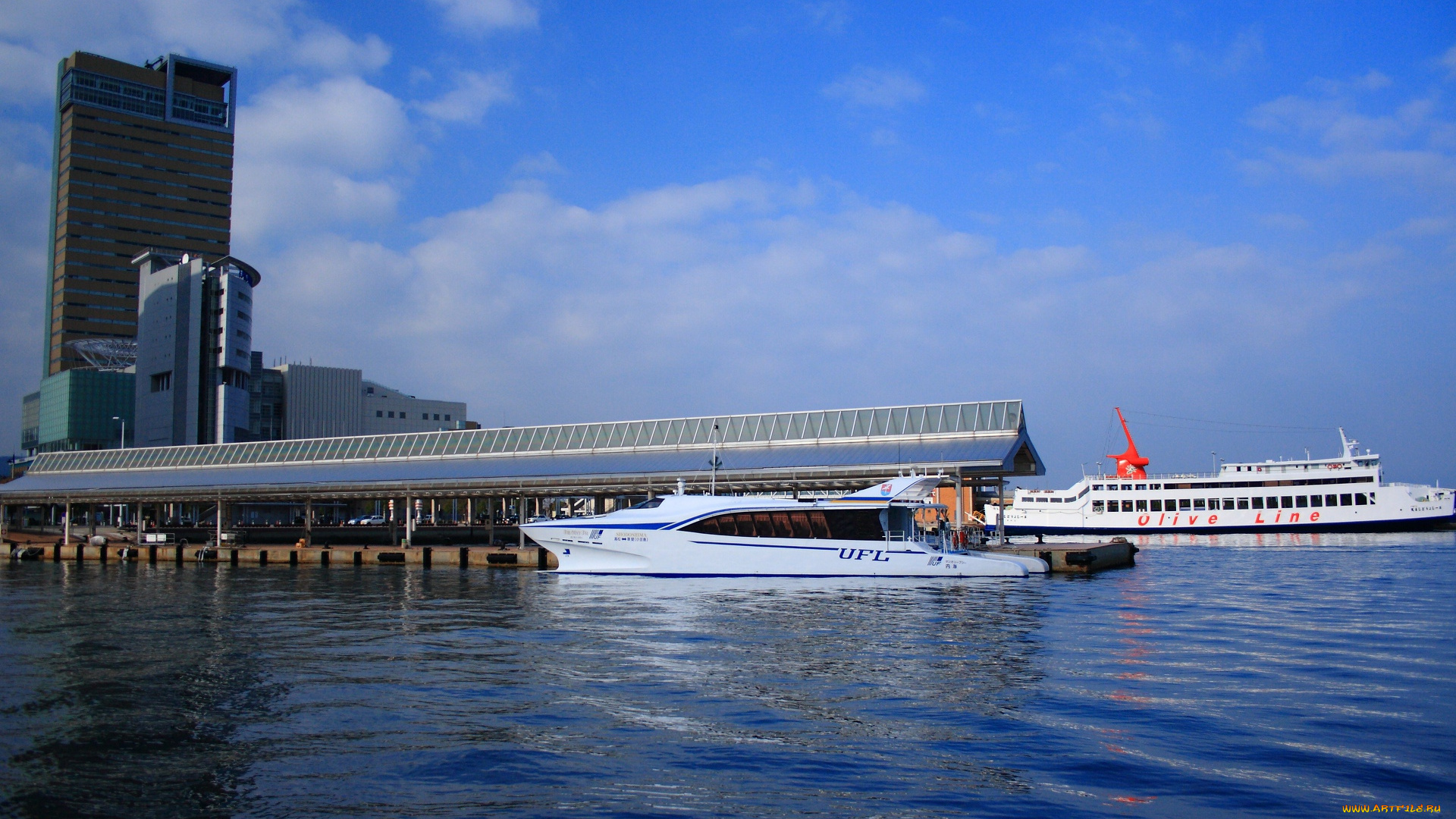 корабли, катера, вода, облака