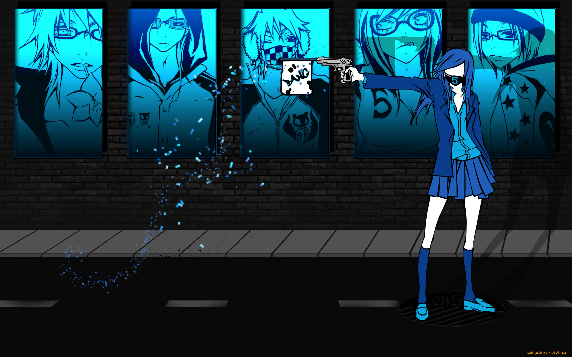 five, аниме, пистолет, девушка