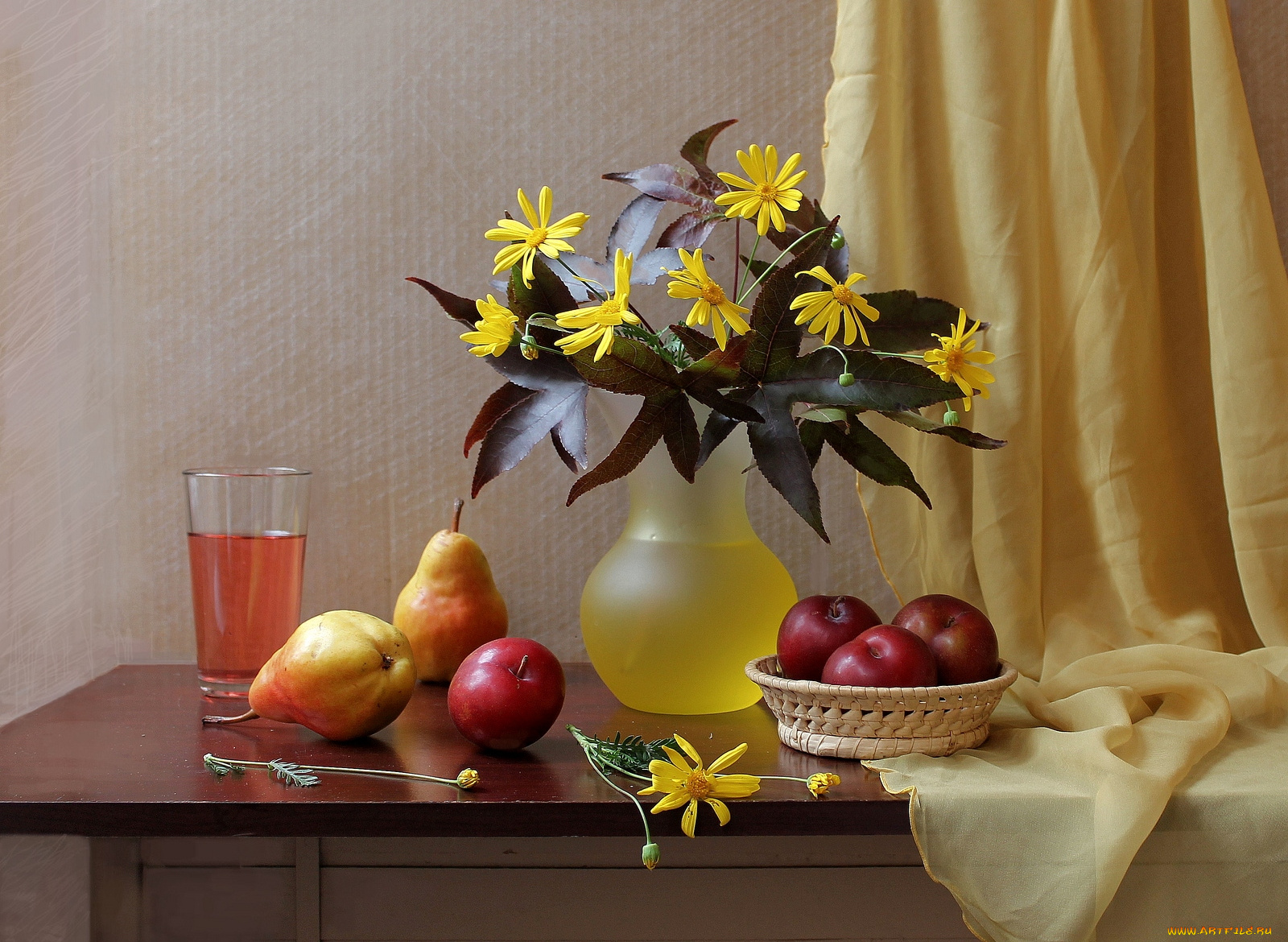 еда, натюрморт, сливы, груши, цветы, сок