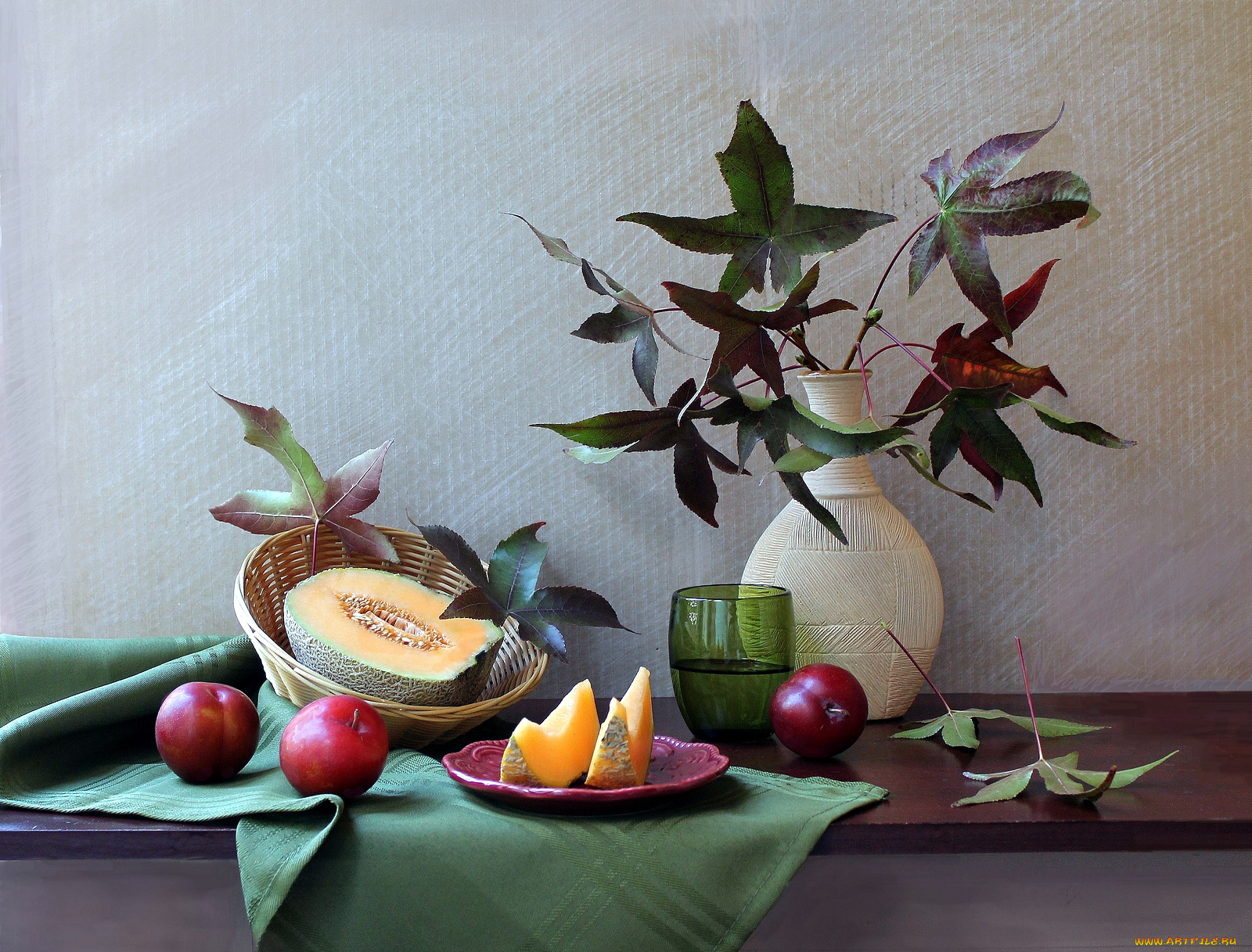 еда, натюрморт, листья, сливы, дыня
