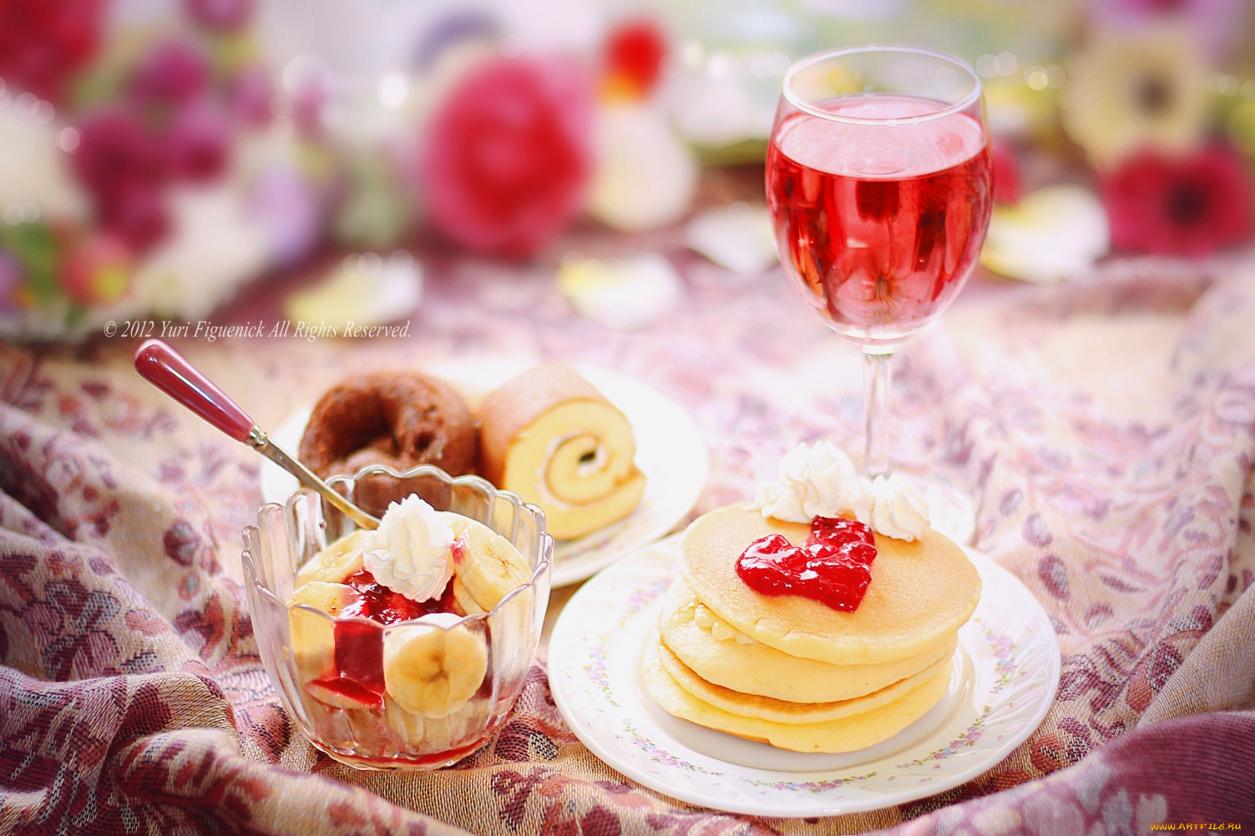 еда, разное, фрукты, бокал, блинчики, джем