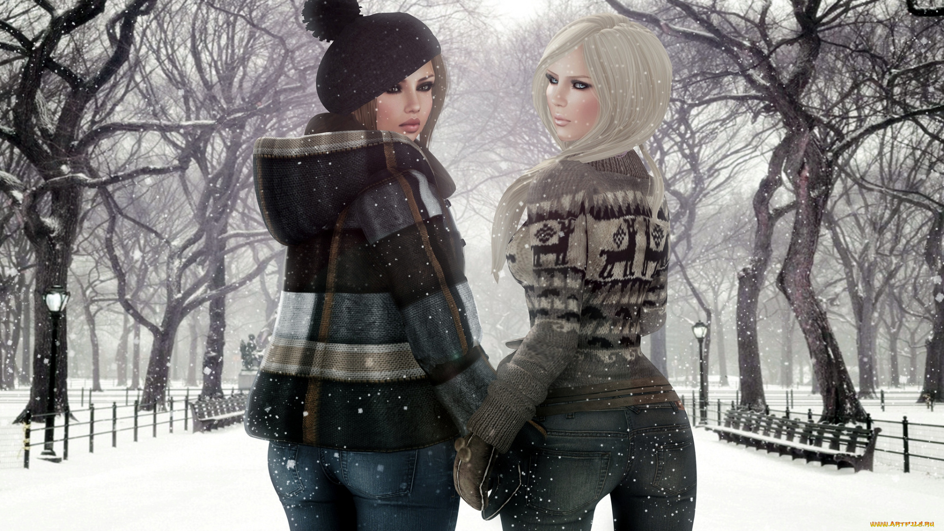 3д, графика, people, люди, зима, подруги, девушки