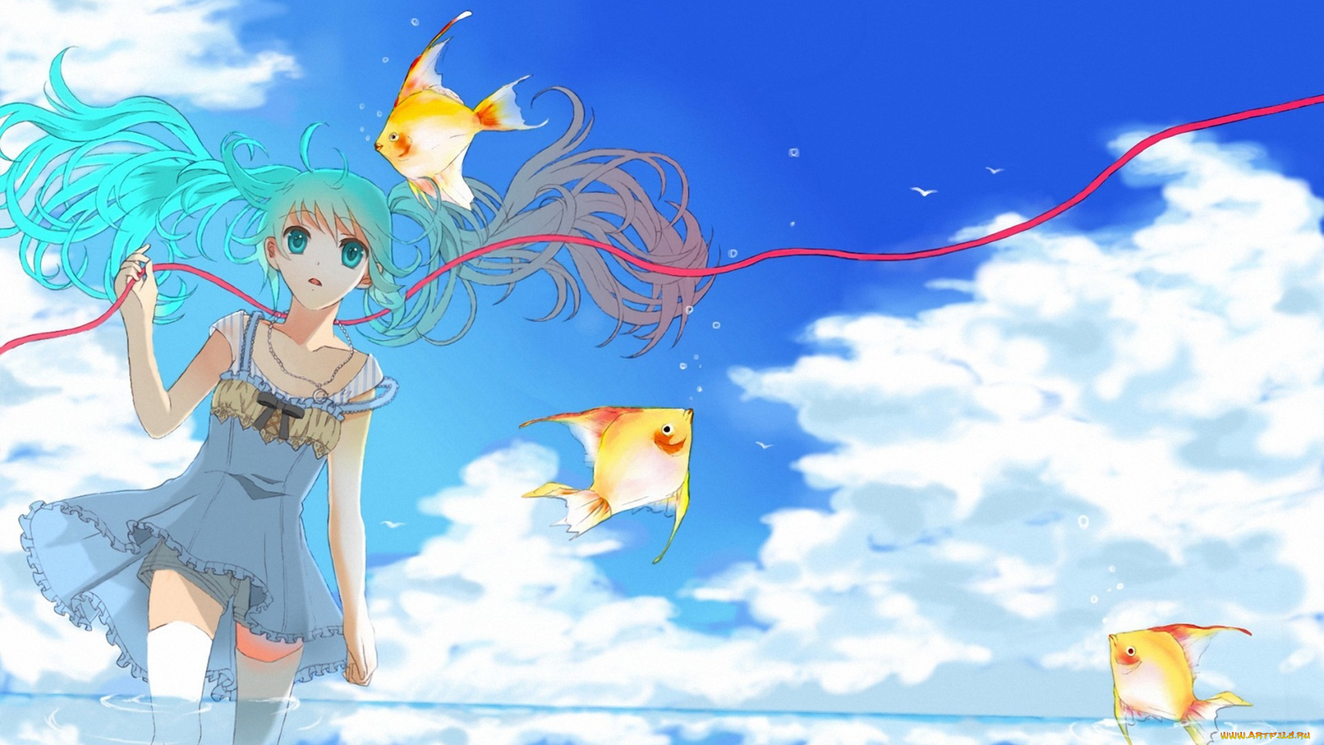 аниме, vocaloid, tuukouninnn, вокалоид, hatsune, miku, девушка, лента, рыбки, вода