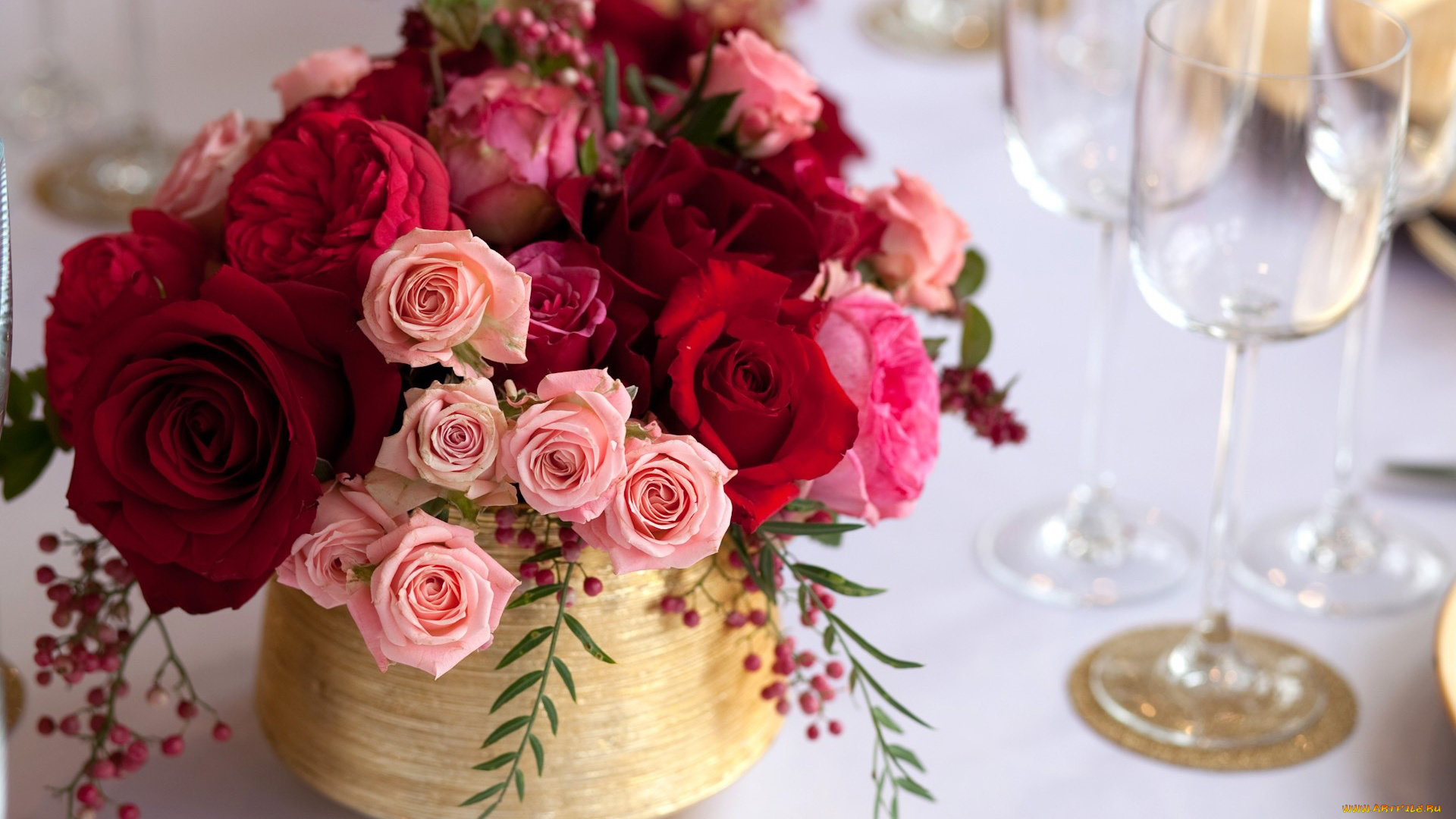 цветы, розы, красный, розовый, кремовый, бокалы