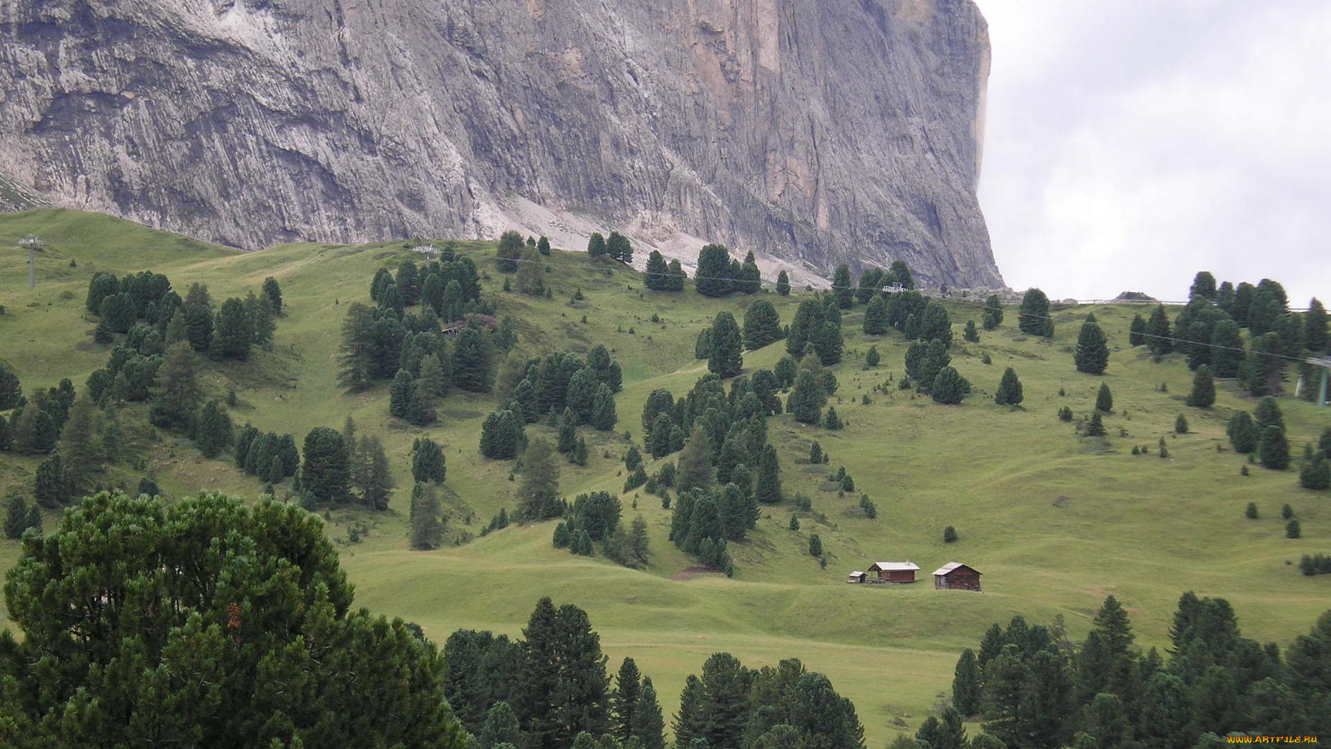 доломитовые, альпы, природа, деревья, домики, гора