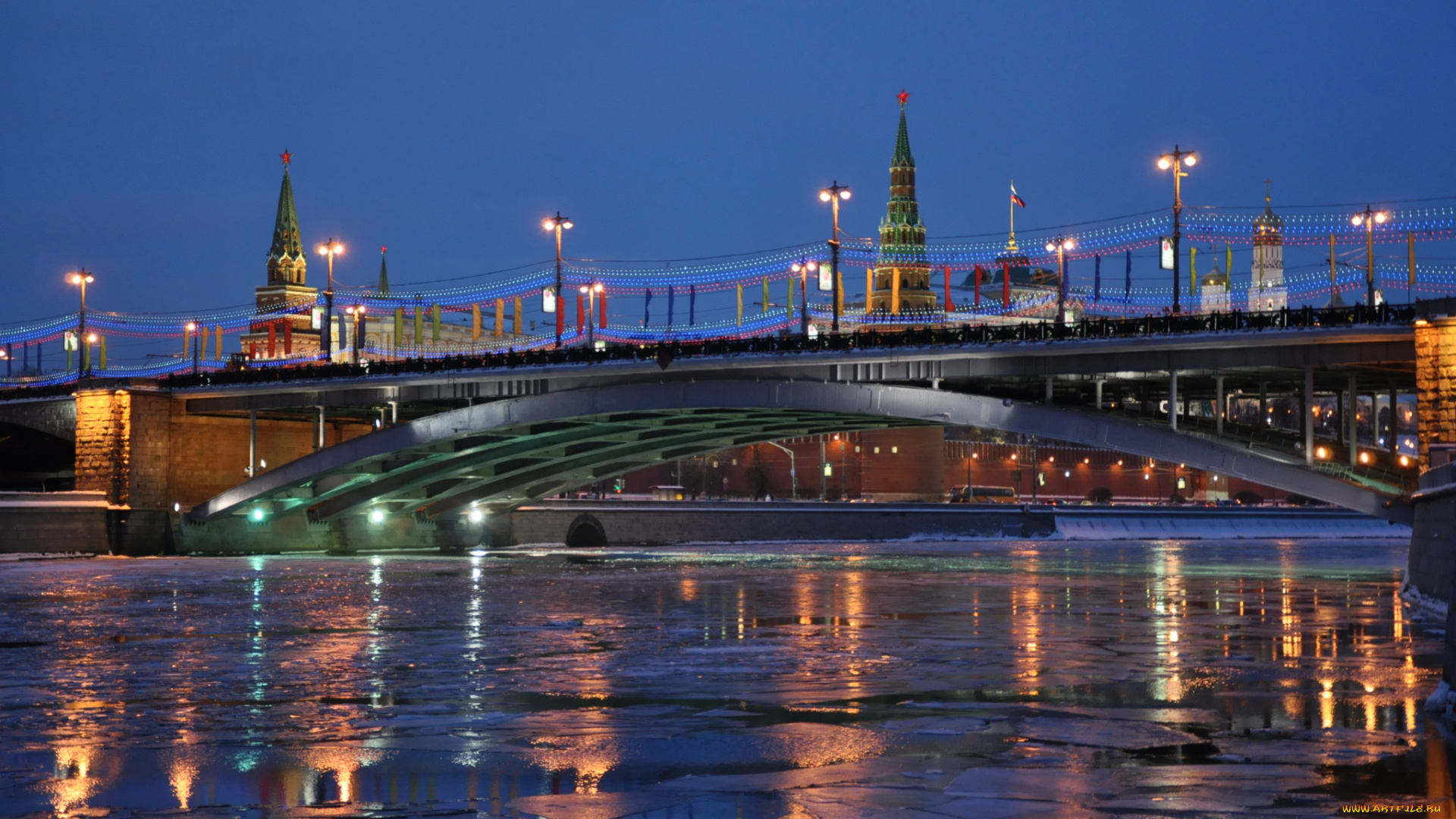 города, москва, россия, огни, ночь, река, мост