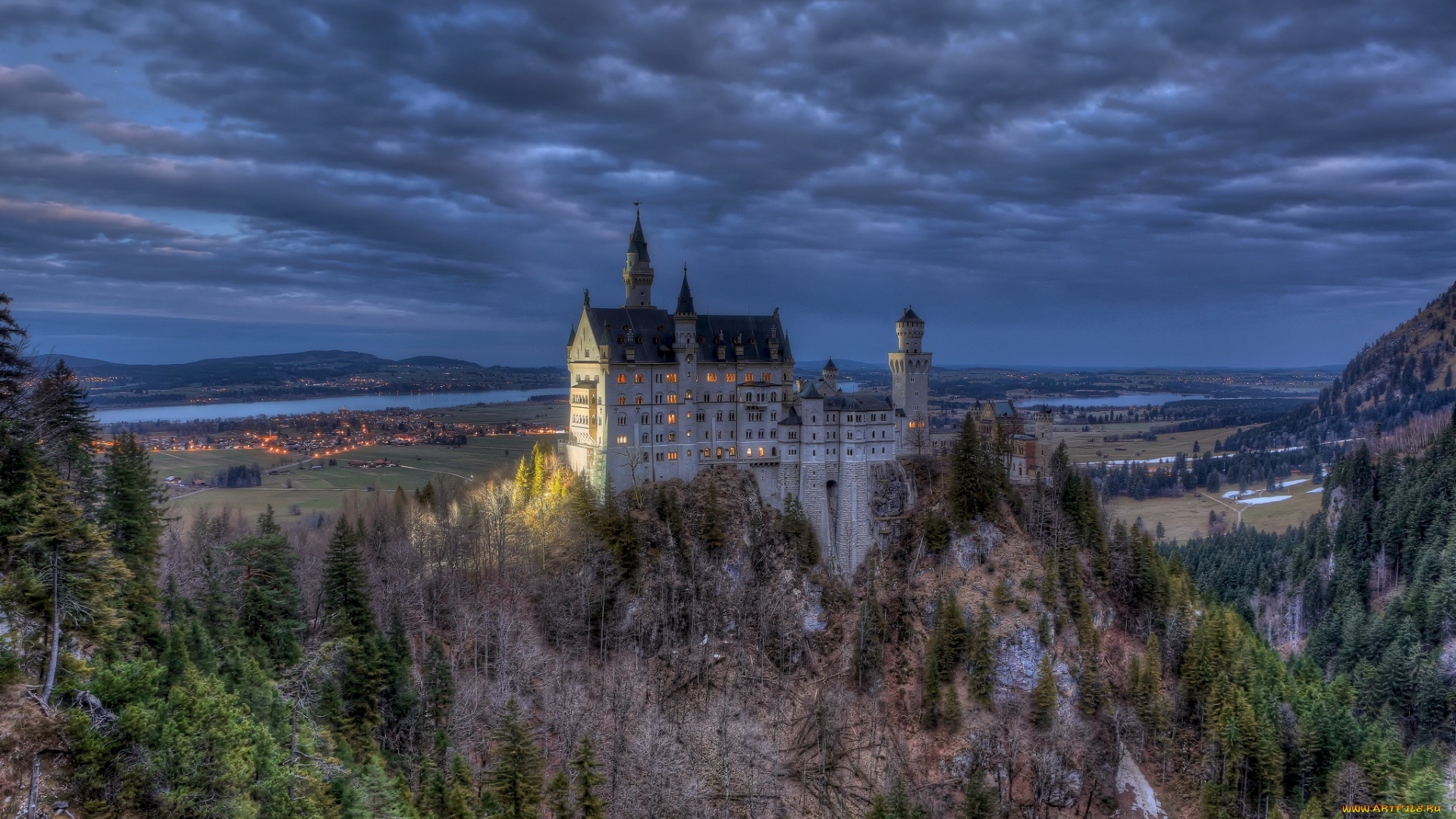 города, замок, нойшванштайн, германия, вечер, огни, горы, пейзаж
