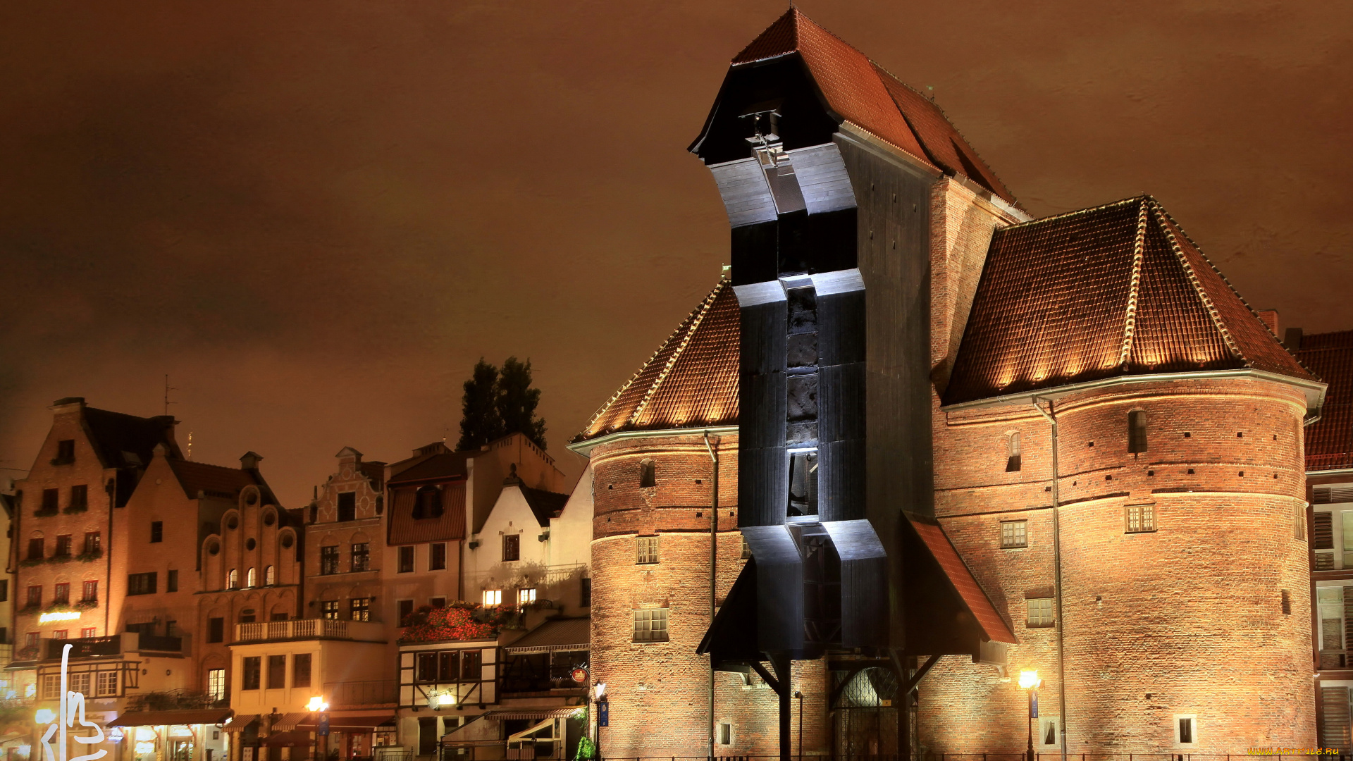 польша, гданьск, города, дома, огни, ночь