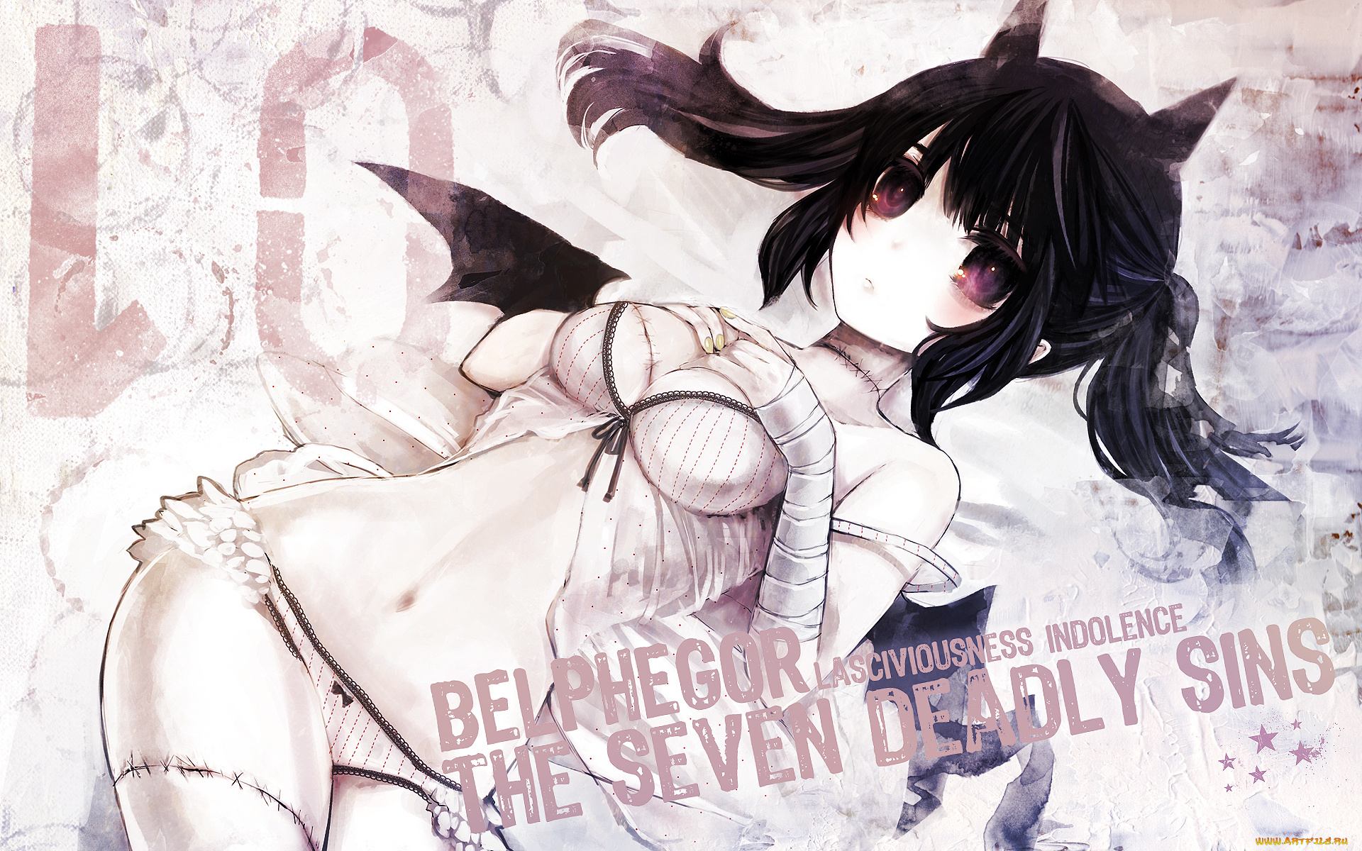 демон, аниме, angels, demons, нижнее, белье, крылья, solo, шрам, рога, девушка, original, duka